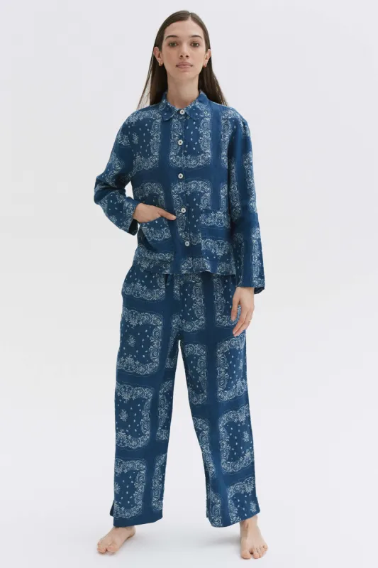 Pocket Pyjama Set Bandana Print Navy/Cream Linen sold by Desmond & Dempsey