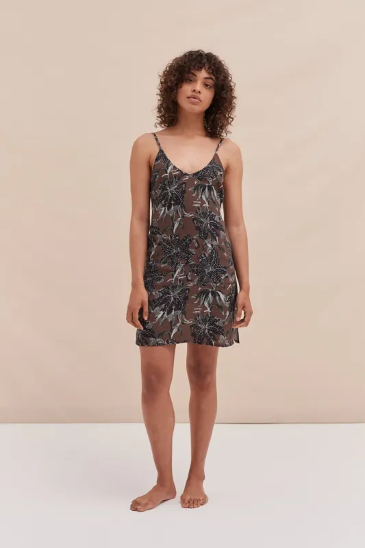 Short Slip Nightie Lilium Black Brown linen sold by Desmond & Dempsey