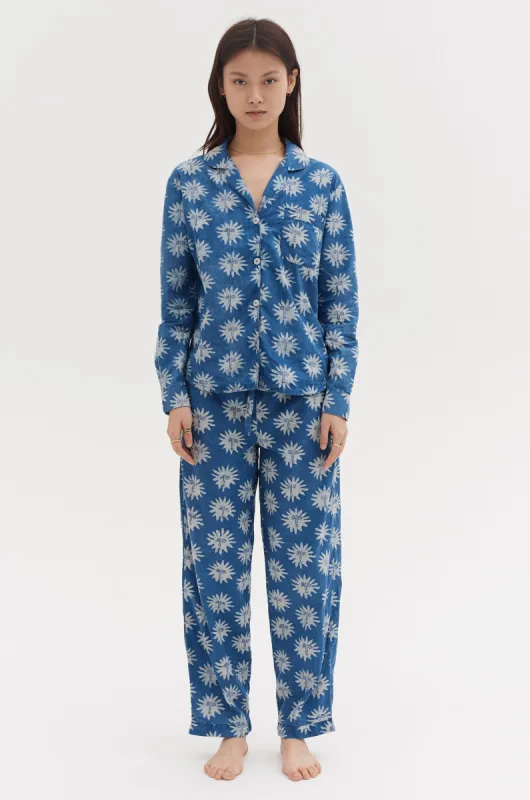 Long Pyjama Set D&D x Ōshadi Helios Print Indigo sold by Desmond & Dempsey