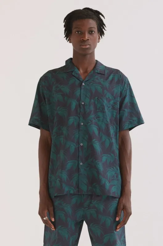 Men’s Cuban Pyjama Shirt Byron Tropical Print Navy/Green sold by Desmond & Dempsey