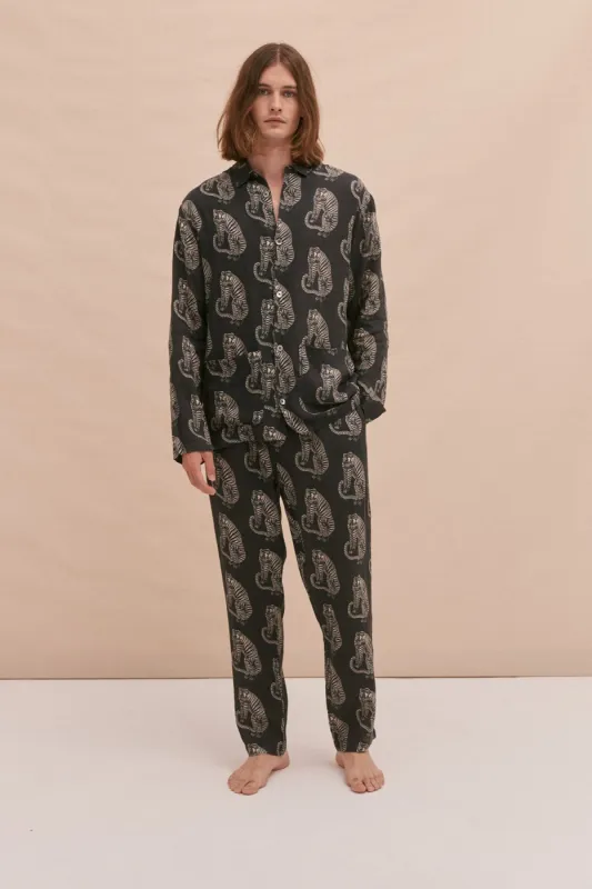 Men’s Pocket Pyjama Set Sansindo Tiger Print Black/Cream Linen sold by Desmond & Dempsey