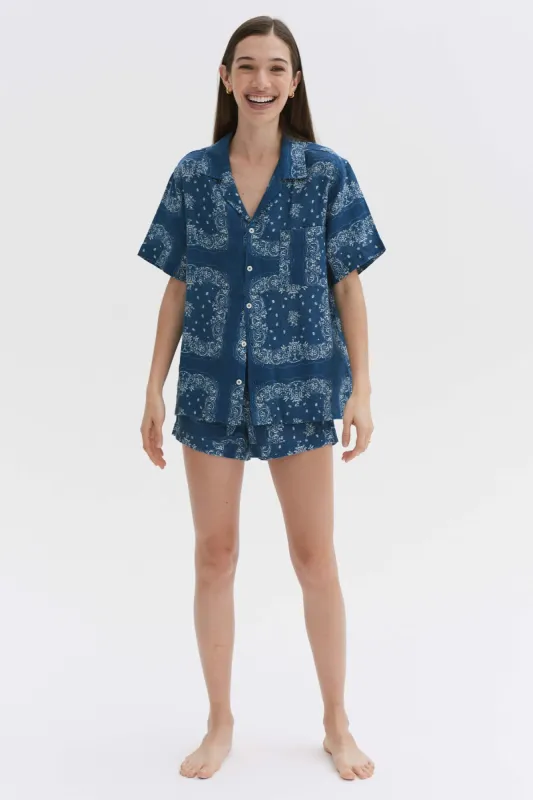 Cuban Pyjama Set Bandana Print Navy/Cream Linen sold by Desmond & Dempsey