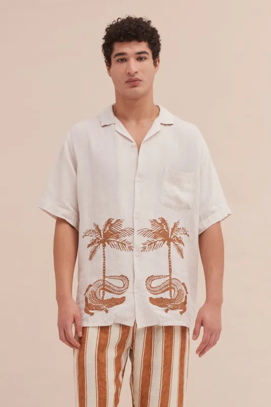 Men’s Cuban Pyjama Shirt Palm Croc Cream/Brown Linen sold by Desmond & Dempsey