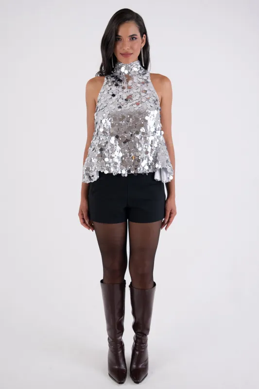 Octavia Silver High Neck Disc Sequin Top sold by AMYLYNN