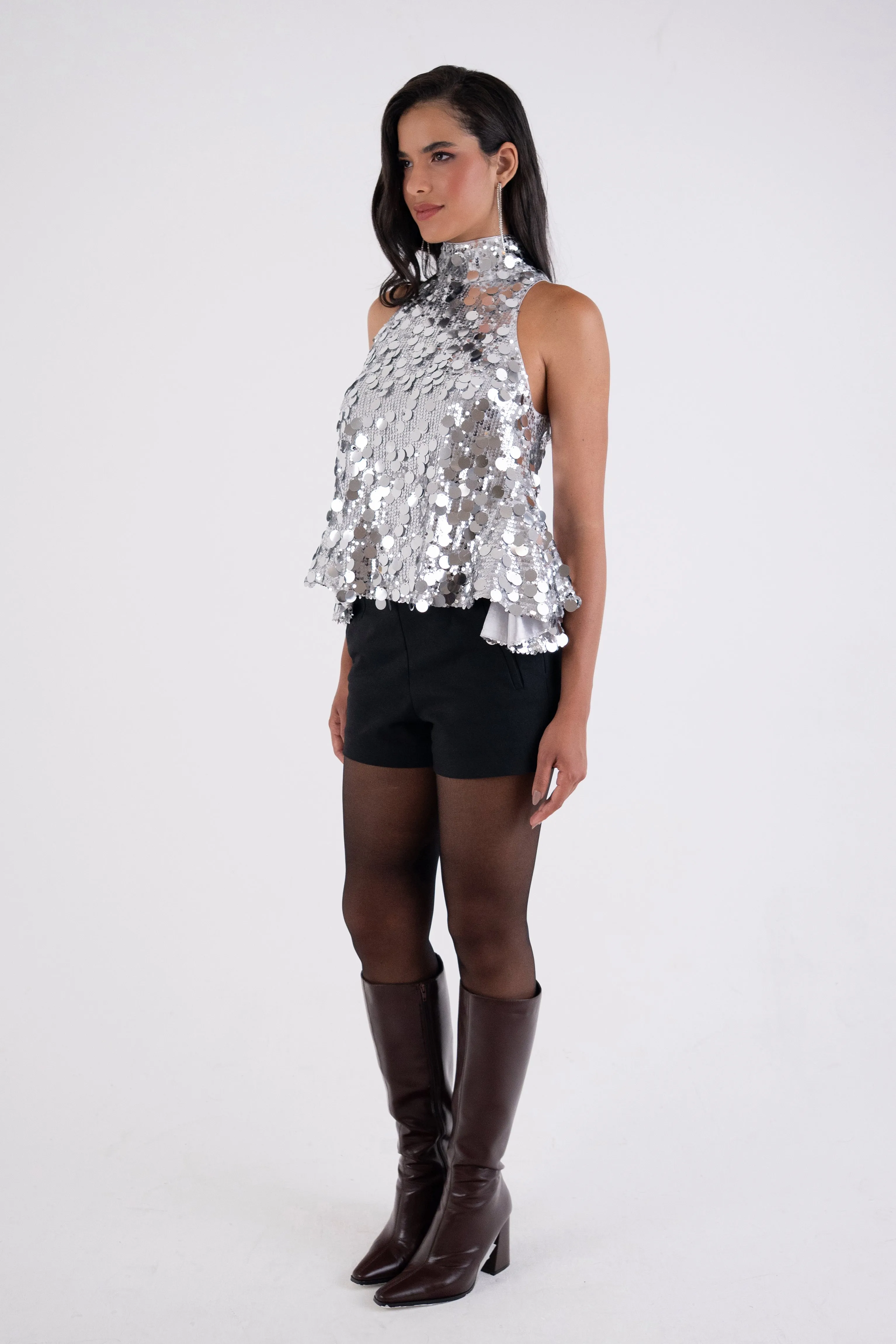 Octavia Silver High Neck Disc Sequin Top sold by AMYLYNN product image thumbnail 3
