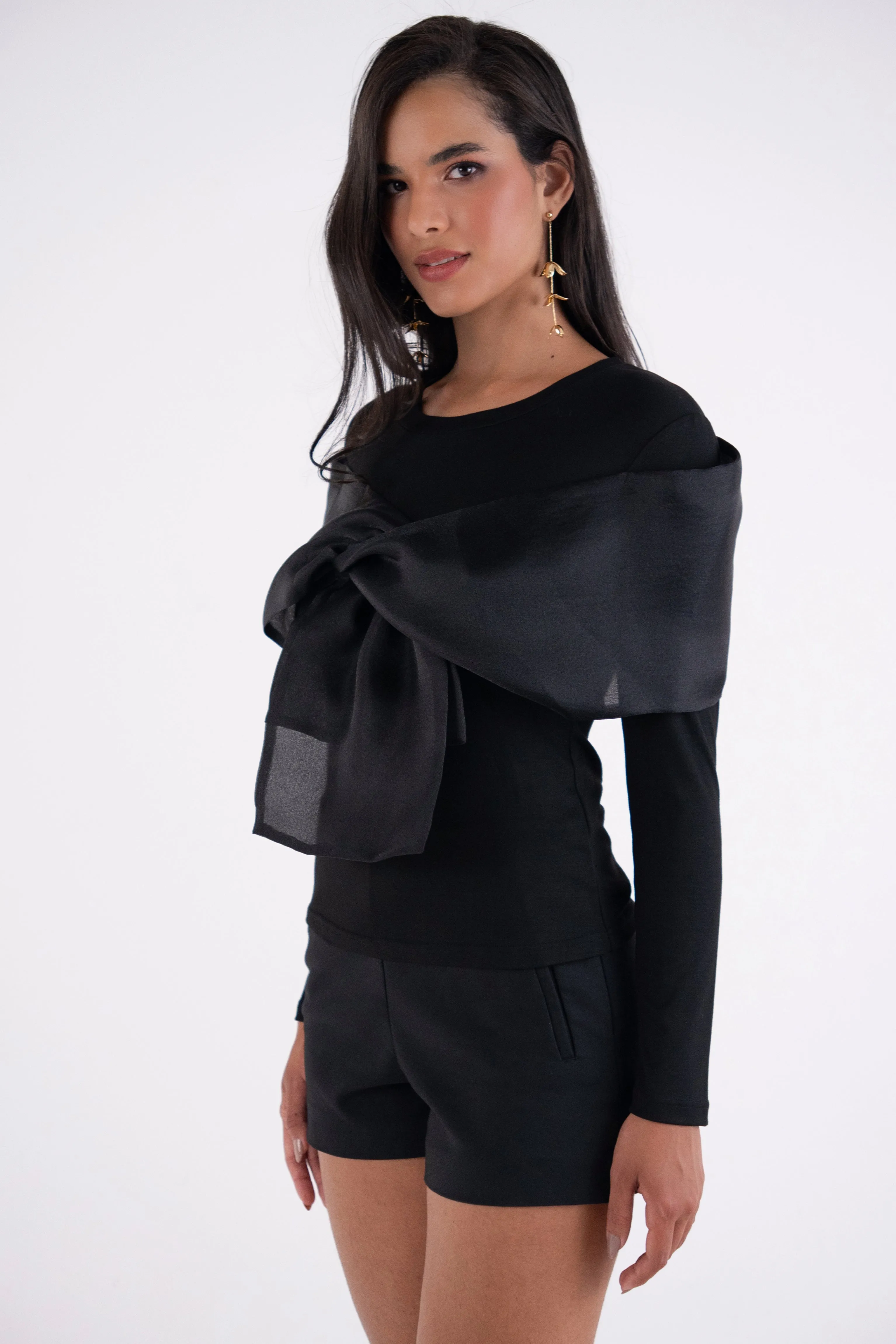 Helena Black Long Sleeve Top with Organza Bow Detail sold by AMYLYNN product image thumbnail 4