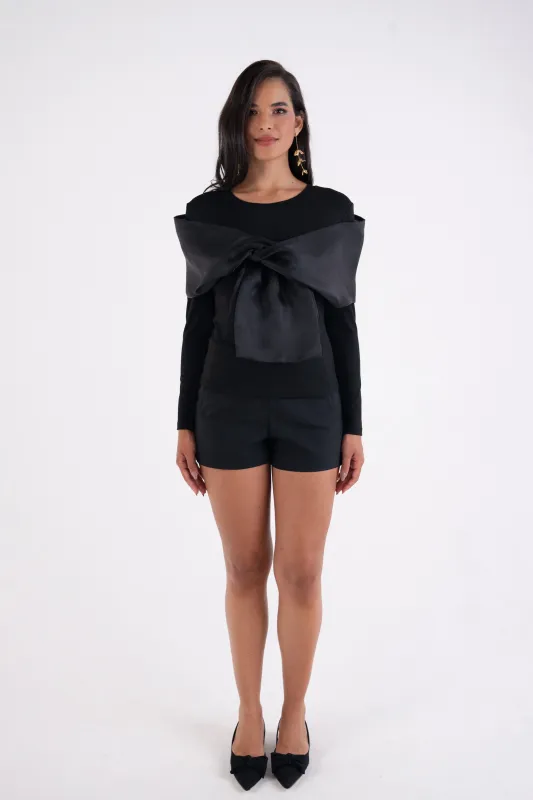 Helena Black Long Sleeve Top with Organza Bow Detail sold by AMYLYNN