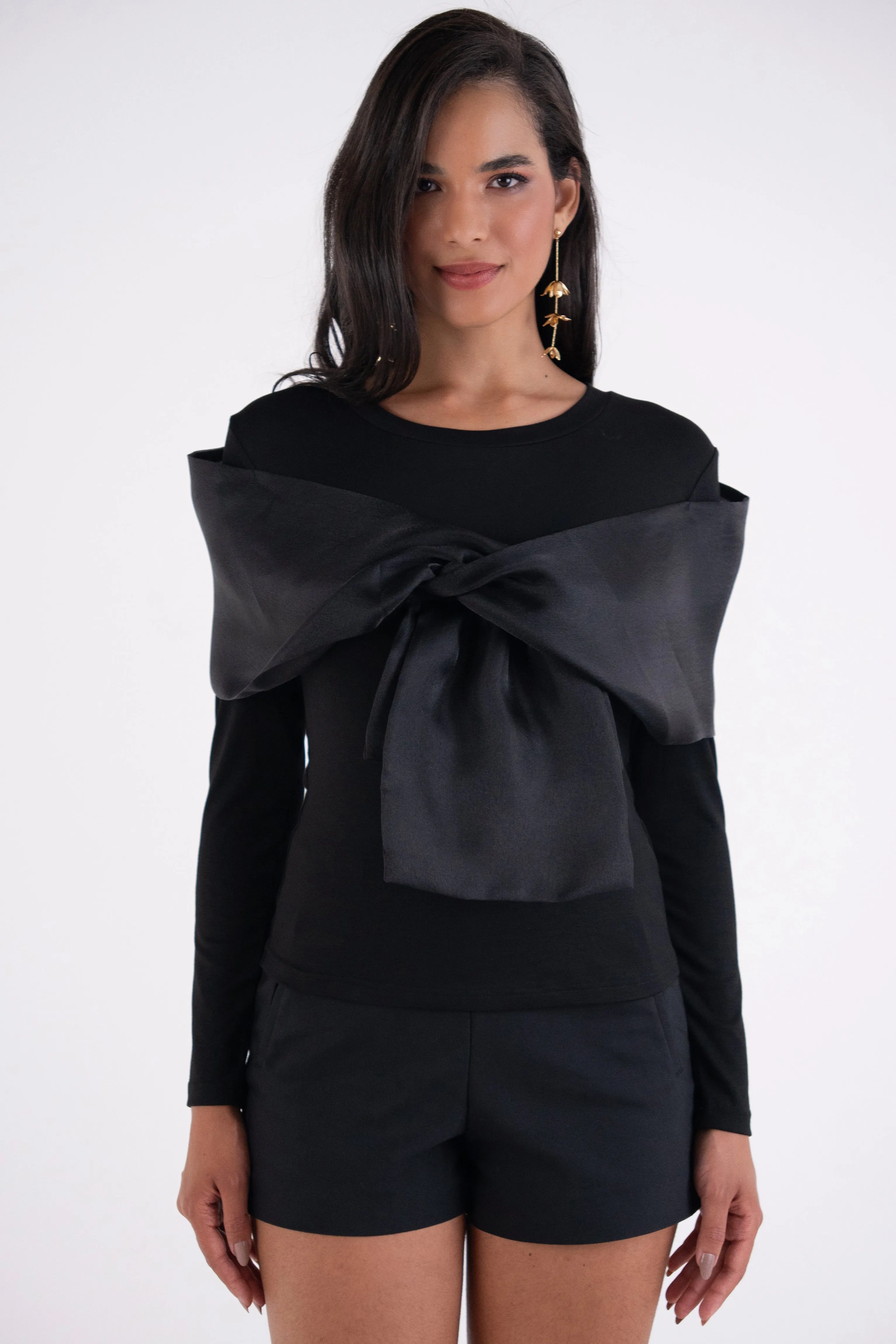 Helena Black Long Sleeve Top with Organza Bow Detail sold by AMYLYNN product image thumbnail 3