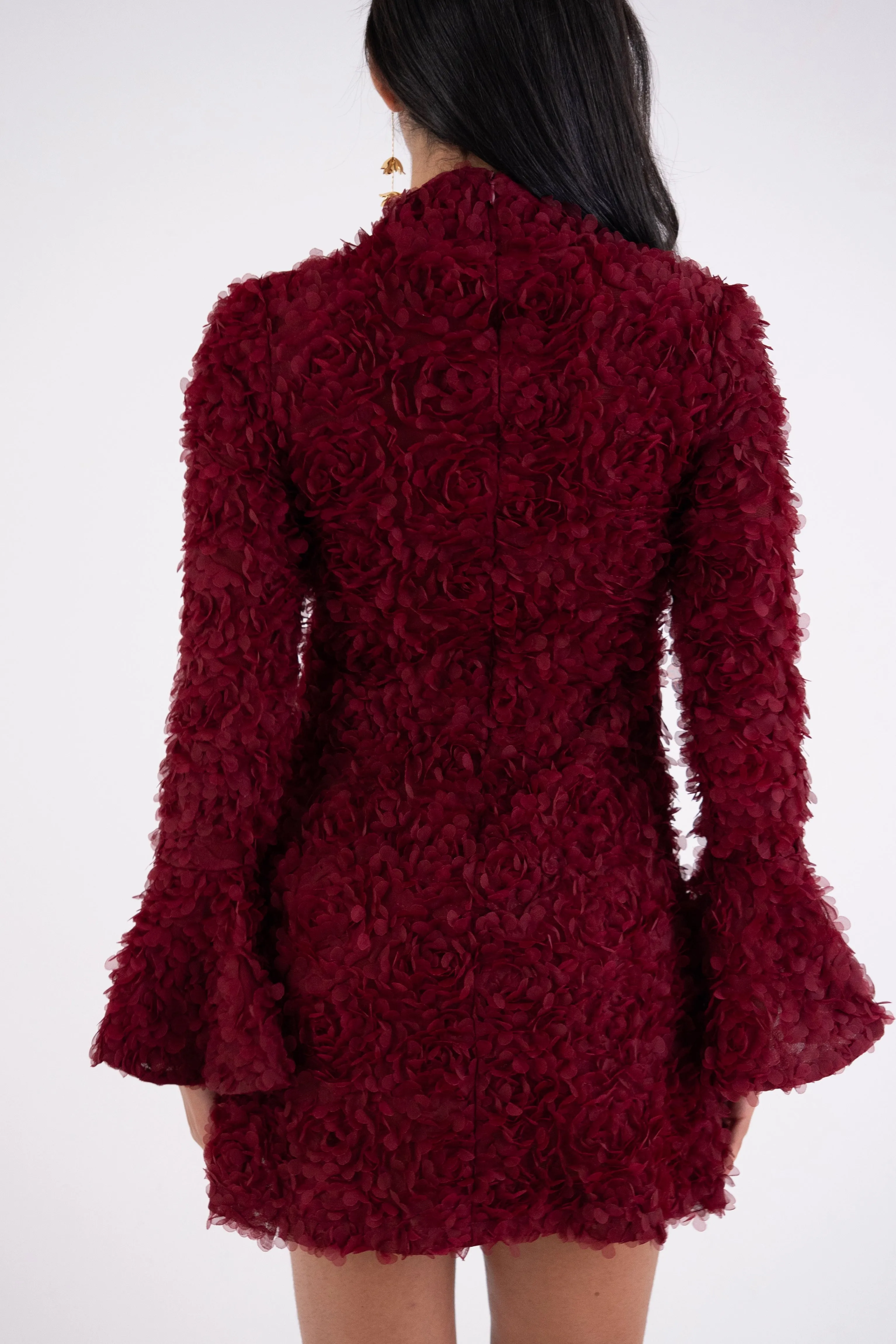 Delphine Burgundy 3D Floral Textured Mini Dress sold by AMYLYNN product image thumbnail 5