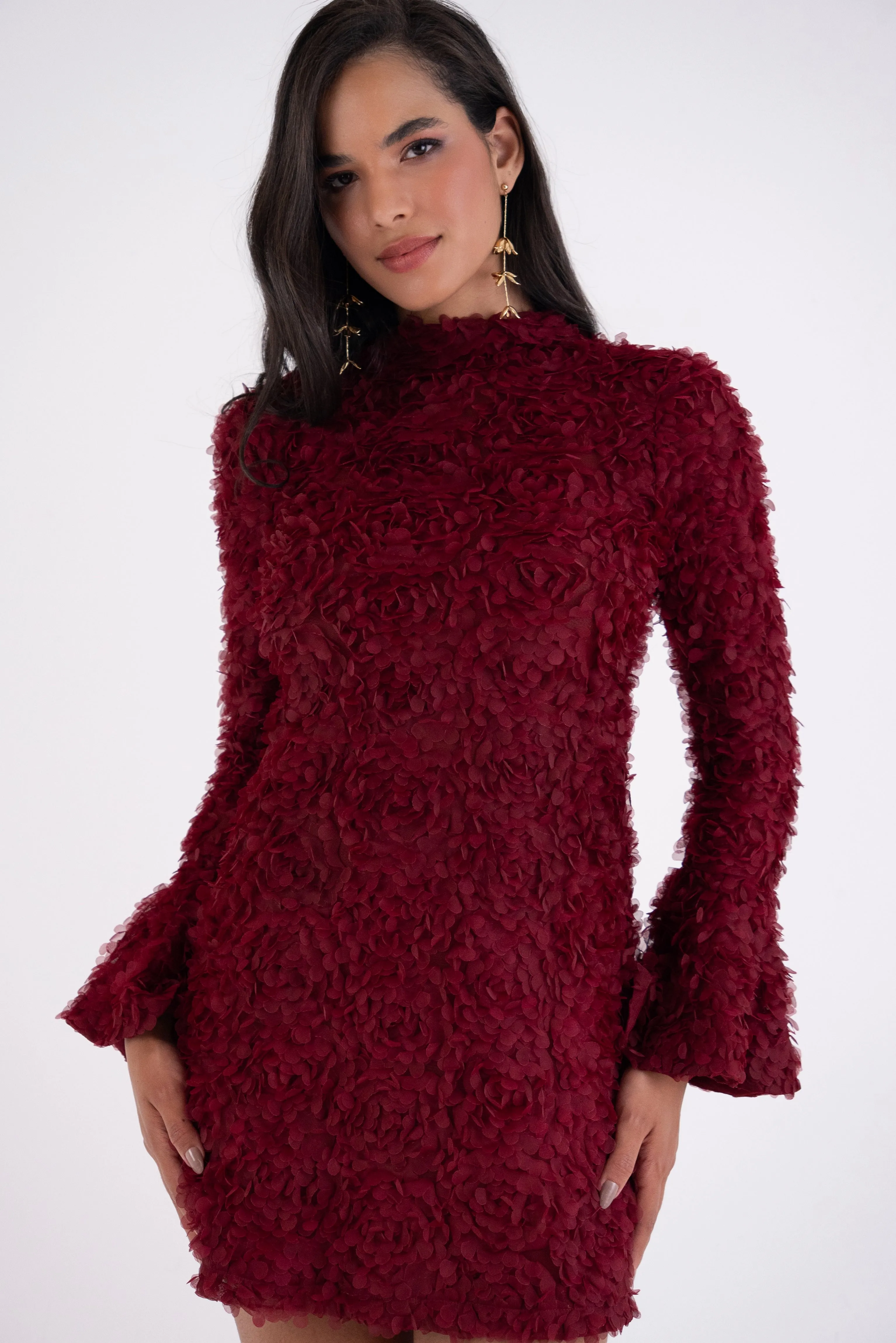Delphine Burgundy 3D Floral Textured Mini Dress sold by AMYLYNN product image thumbnail 2