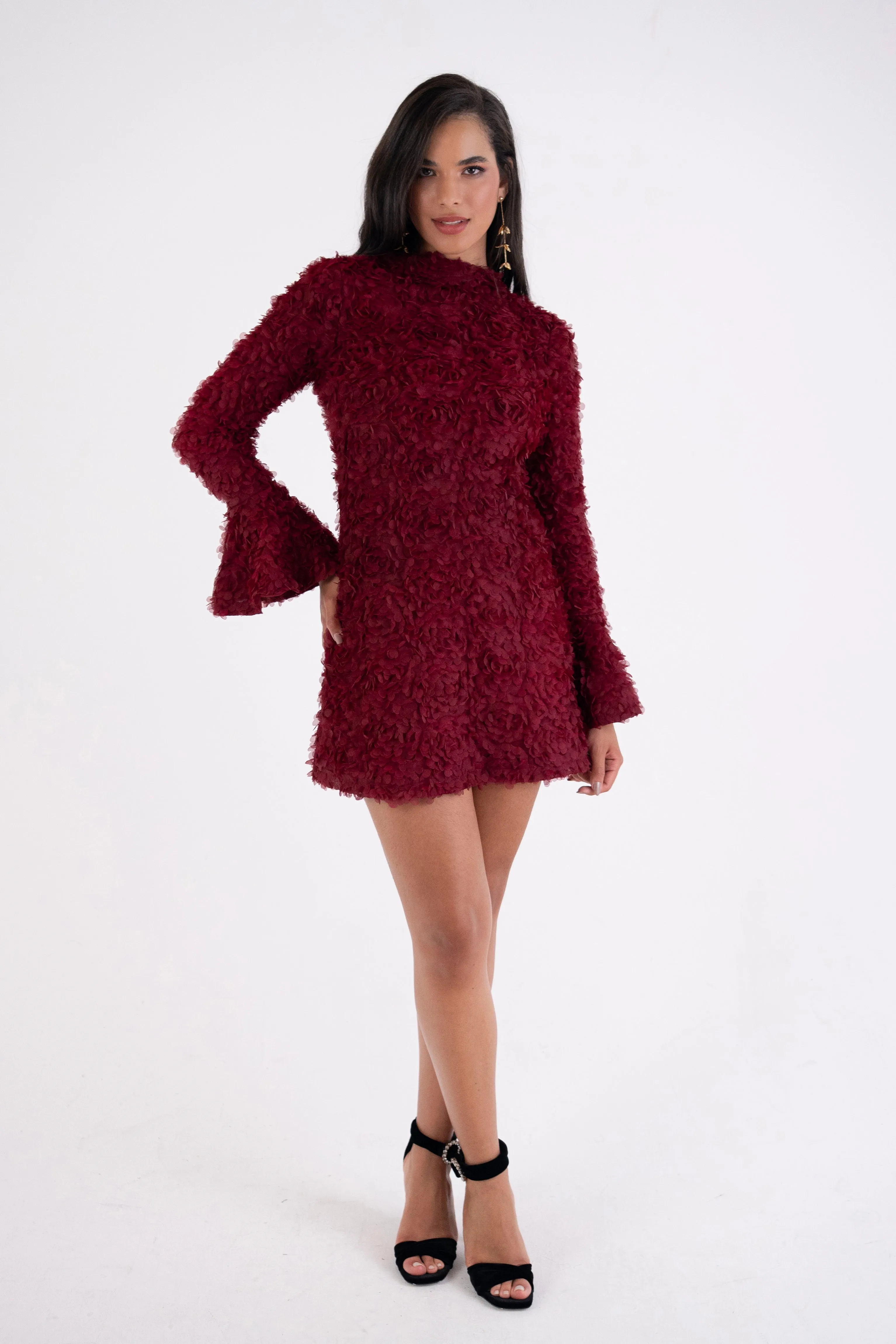 Delphine Burgundy 3D Floral Textured Mini Dress sold by AMYLYNN