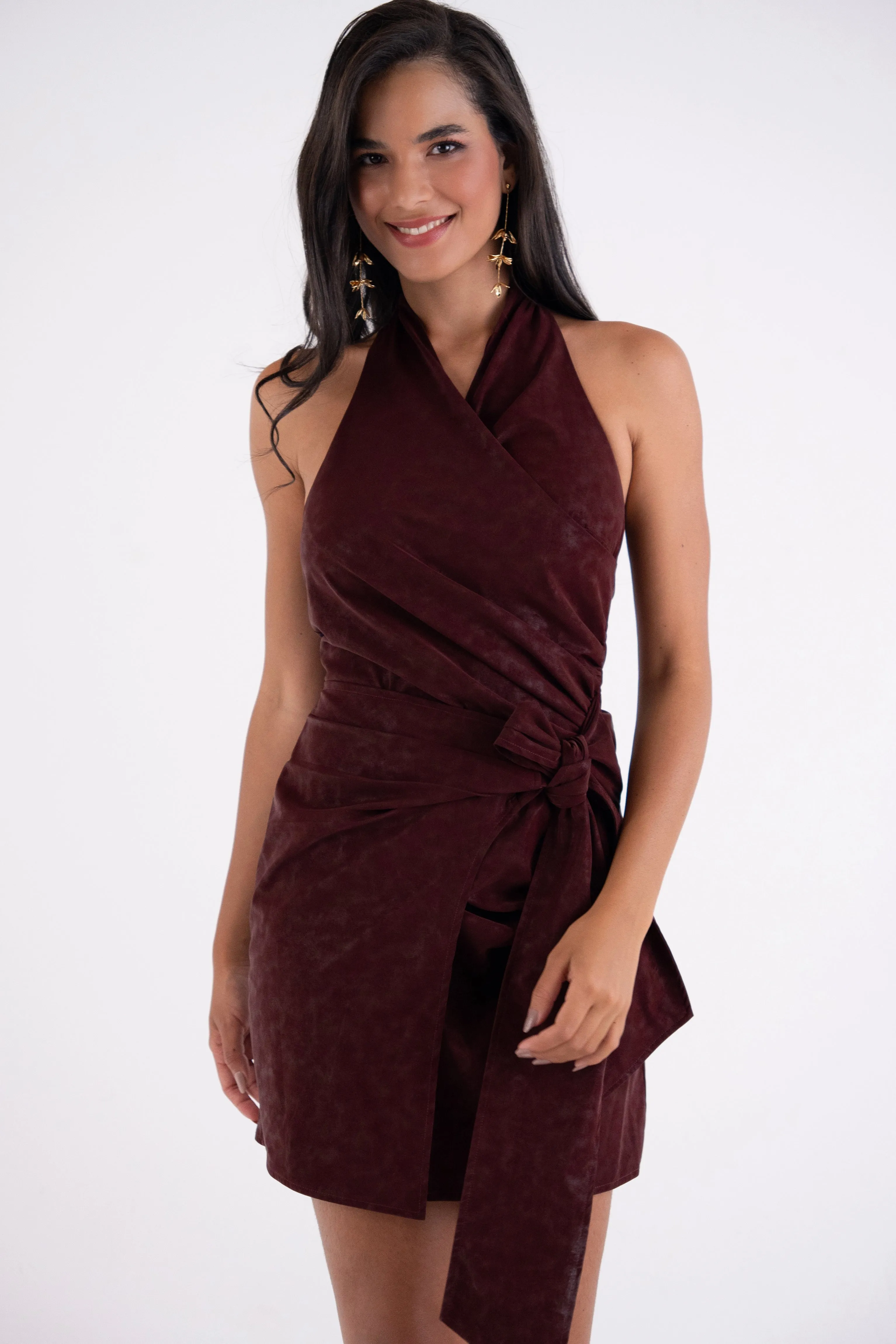 Ingrid Burgundy Soft Touch Wrap Halter Dress sold by AMYLYNN product image thumbnail 2