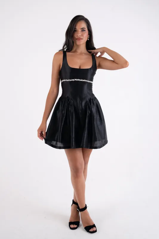 Cheryl Black Embellished Satin Crepe Dress sold by AMYLYNN