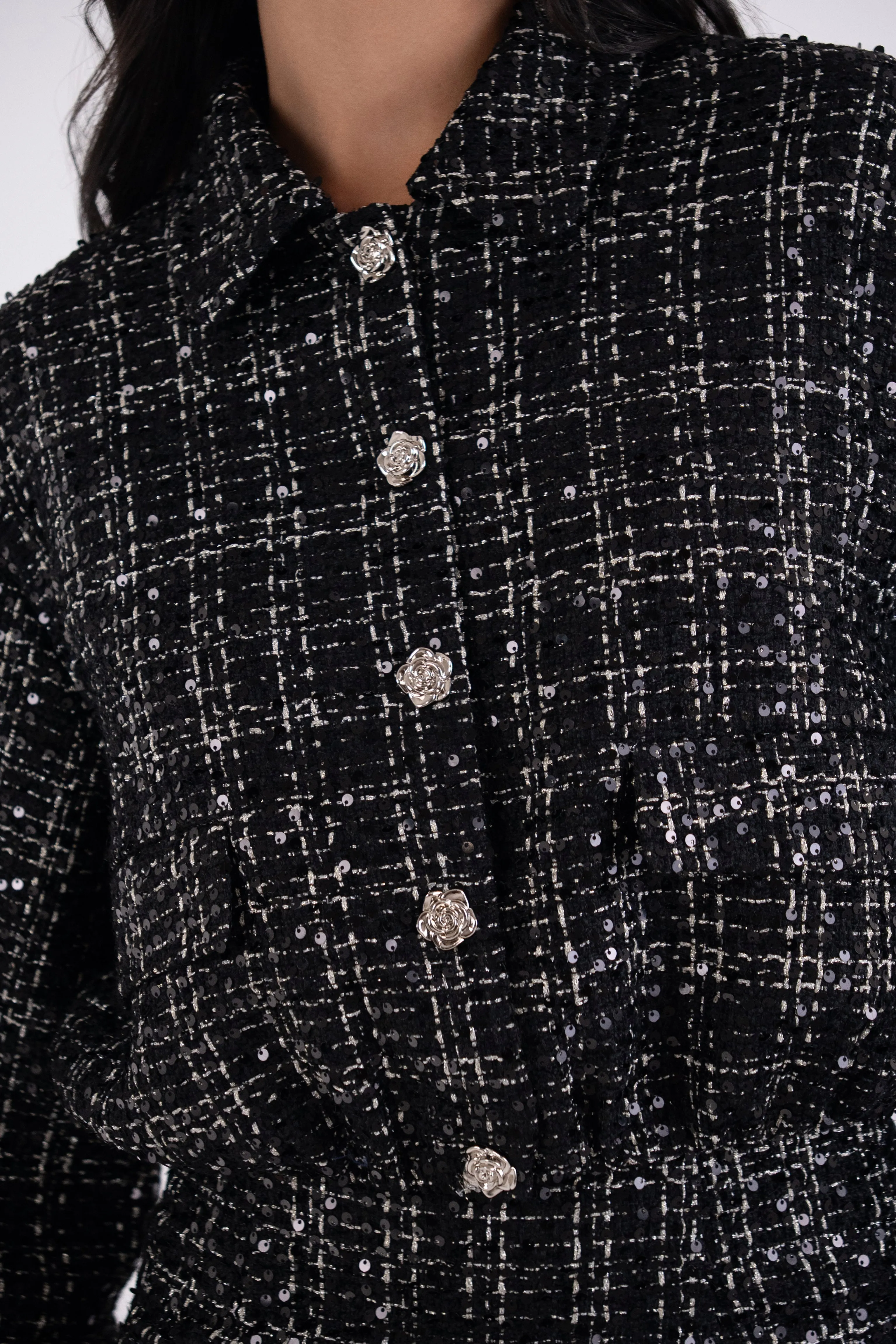 Marnie Black Sequin Boucle Cropped Jacket sold by AMYLYNN product image thumbnail 3