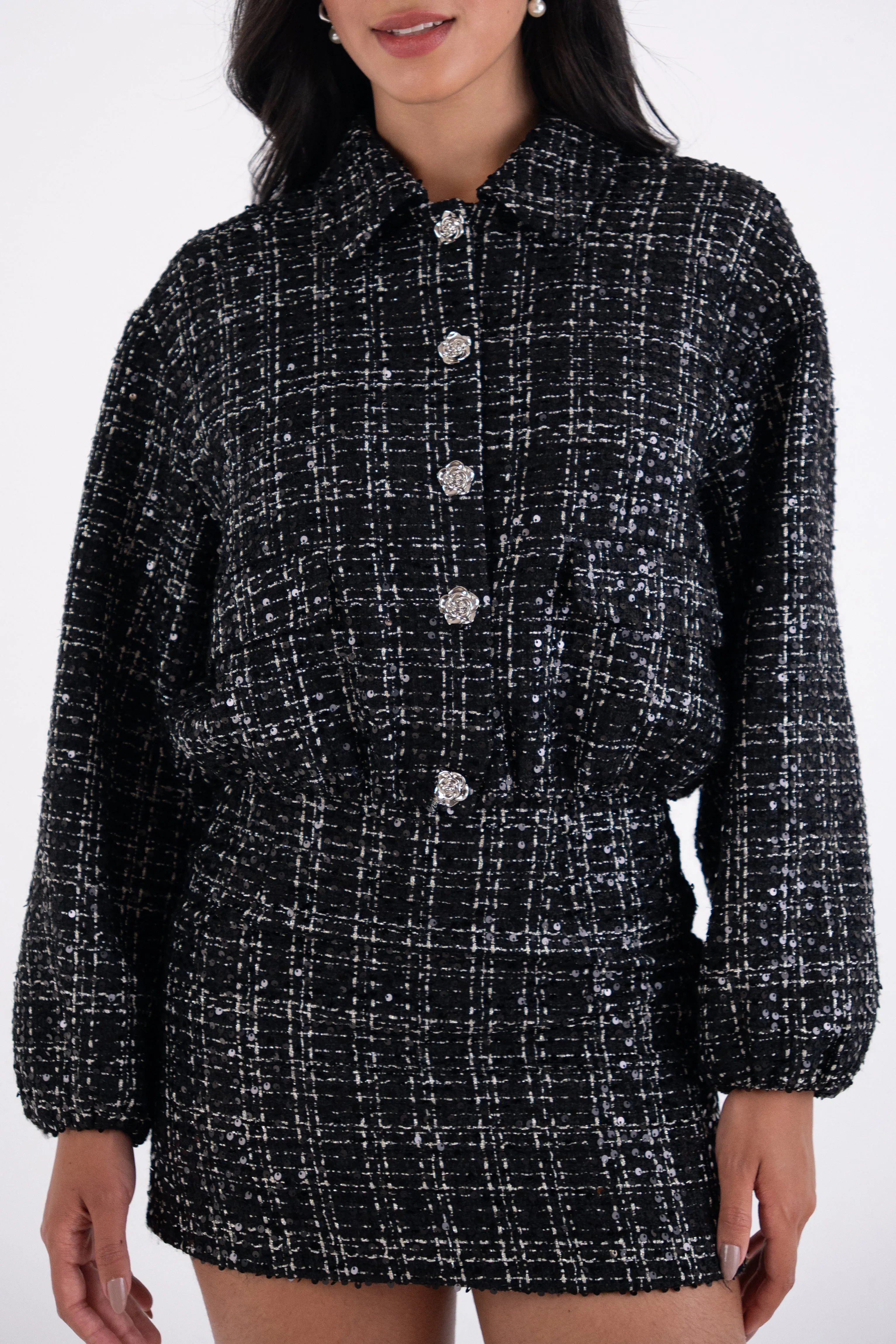 Marnie Black Sequin Boucle Cropped Jacket sold by AMYLYNN product image thumbnail 2