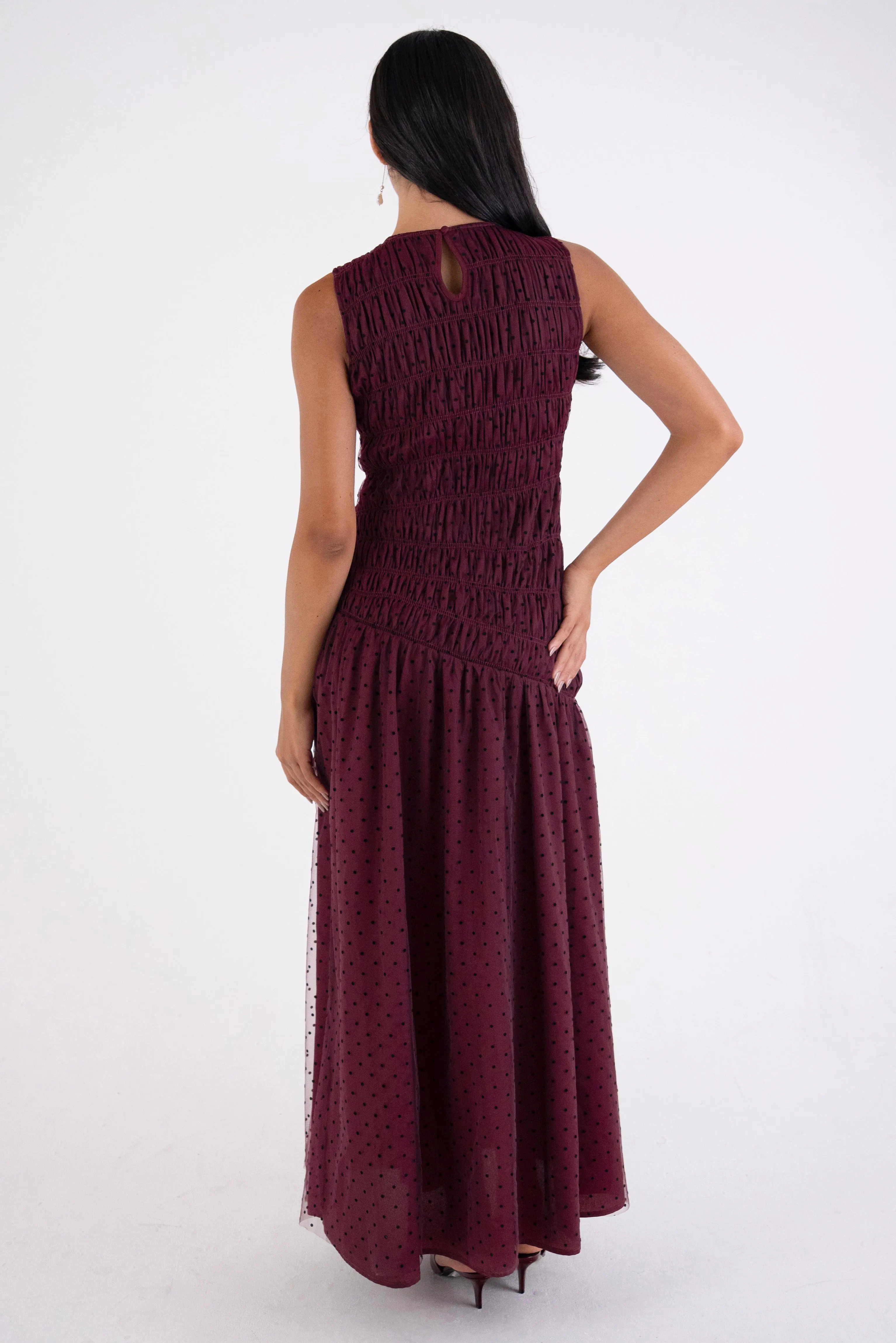 Julia Burgundy Smocked Polka Dot Maxi Dress sold by AMYLYNN product image thumbnail 3