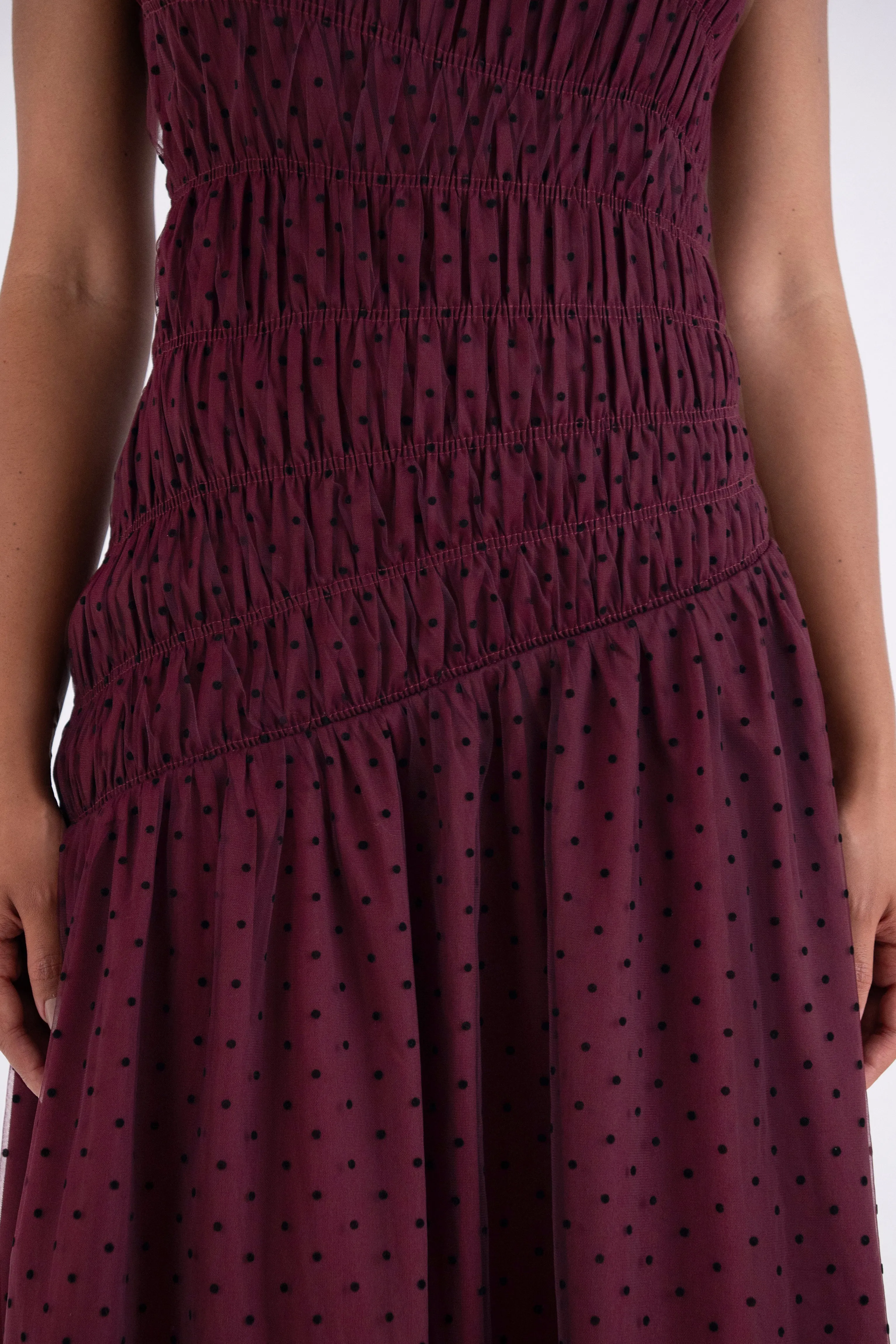 Julia Burgundy Smocked Polka Dot Maxi Dress sold by AMYLYNN product image thumbnail 4