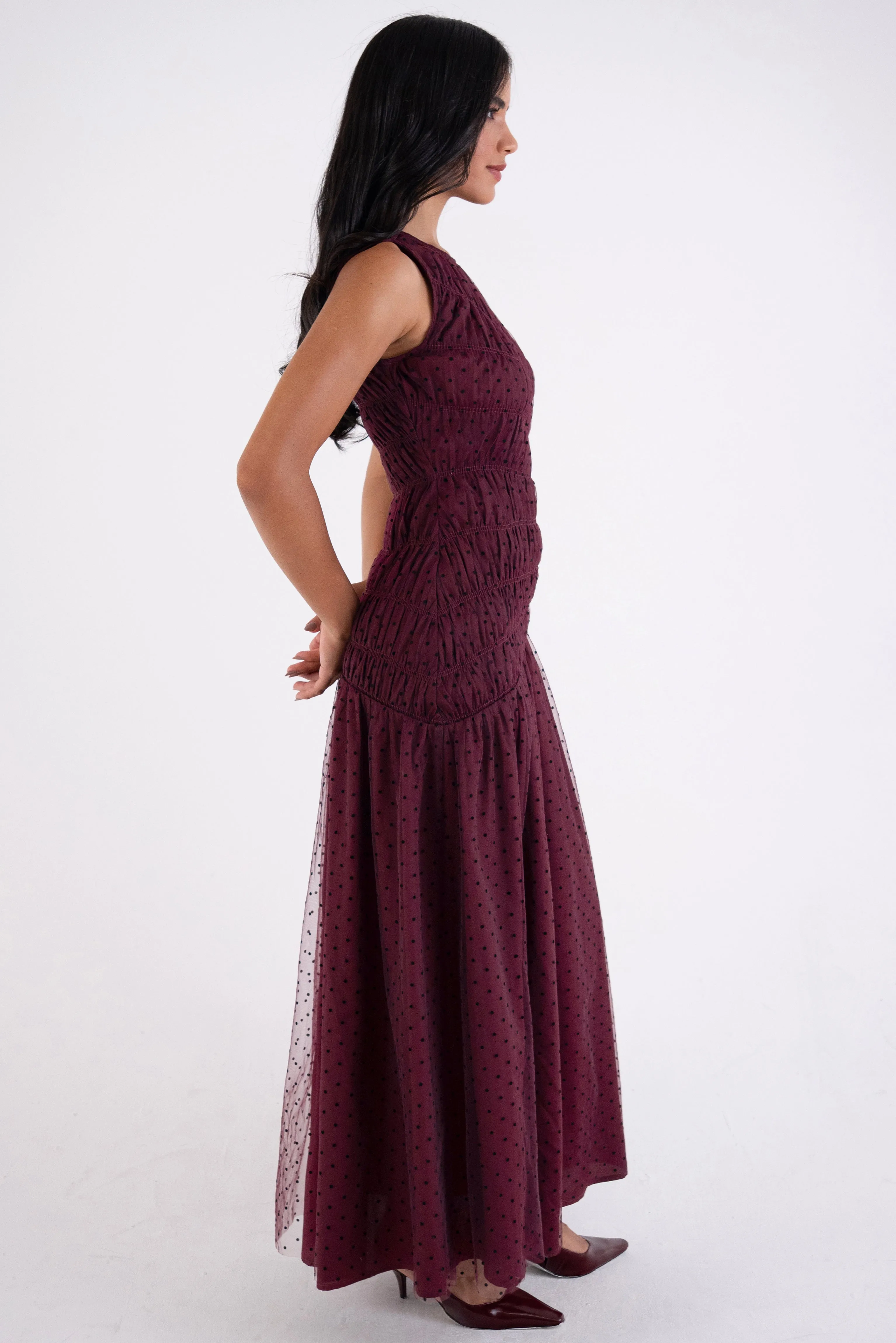 Julia Burgundy Smocked Polka Dot Maxi Dress sold by AMYLYNN product image thumbnail 2