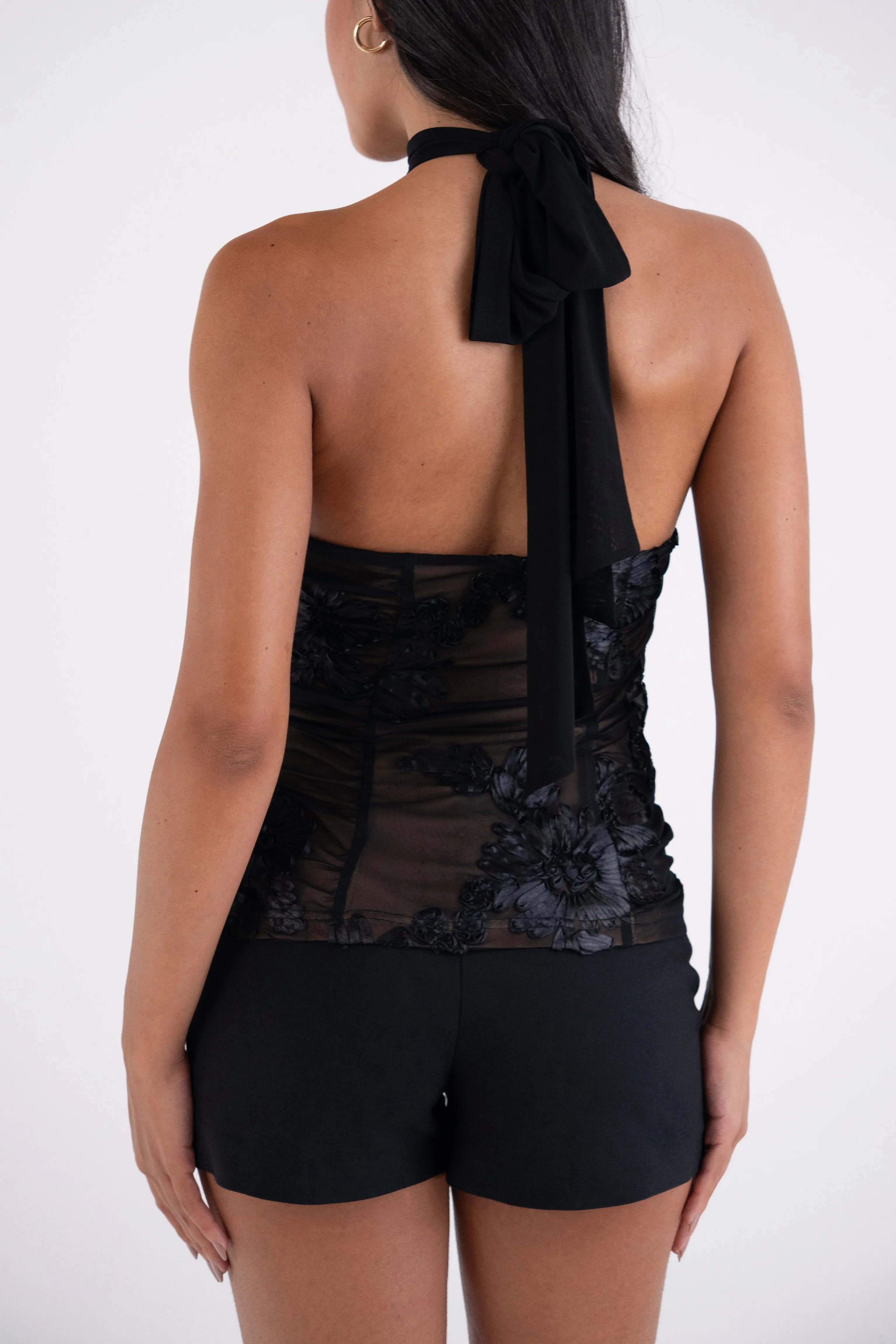 Priya Black Floral Mesh Halter Top sold by AMYLYNN product image thumbnail 5