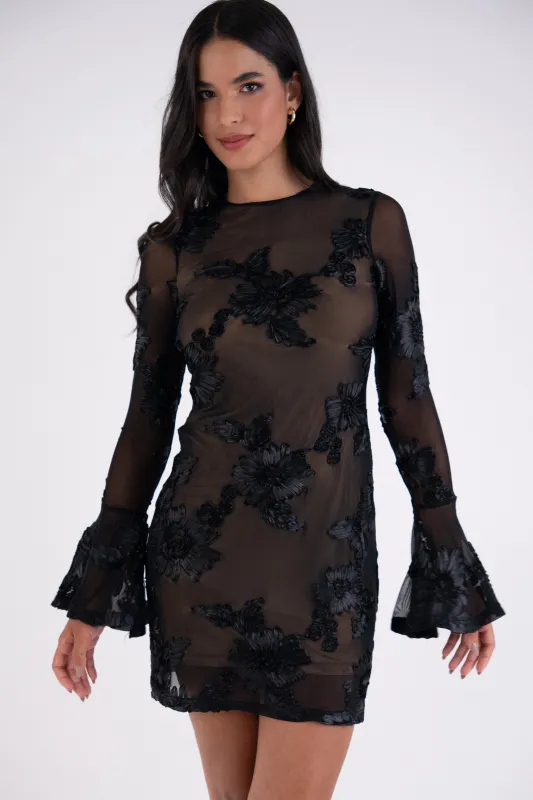 Anastasia Black Floral Embroidered Sheer Mini Dress sold by AMYLYNN