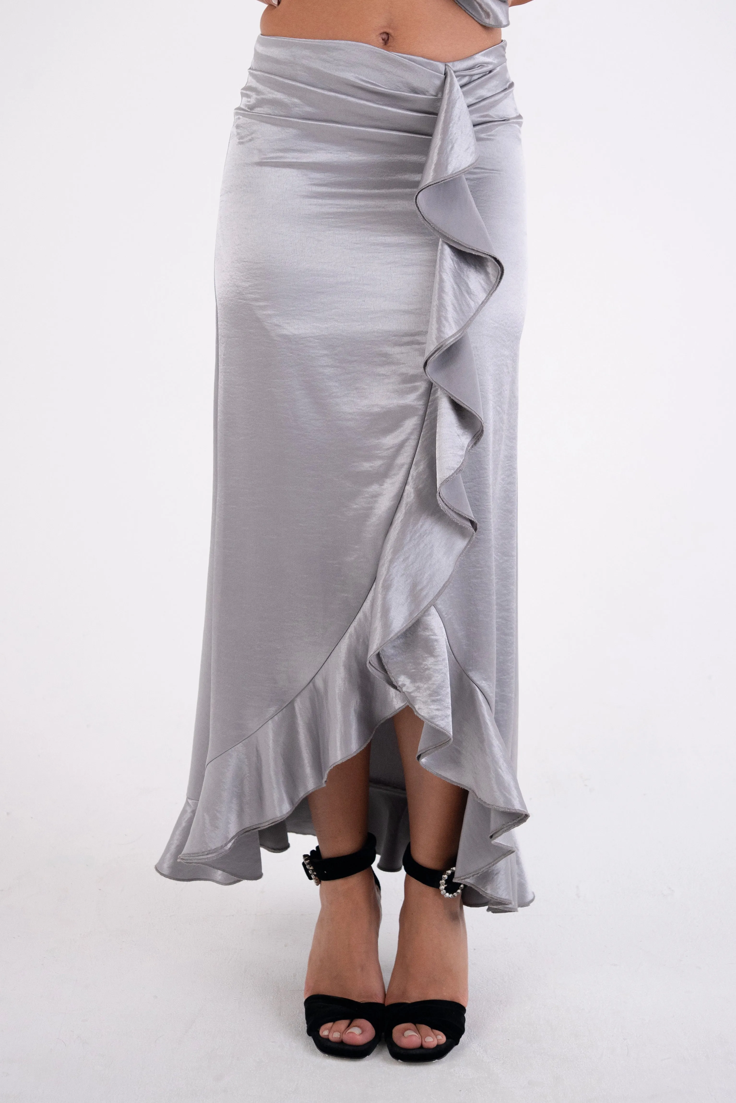 Susie Silver Satin Ruffle Maxi Skirt sold by AMYLYNN