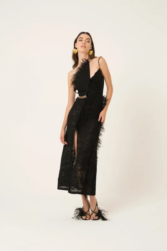 Coco Black Faux Feather Trim Dress sold by AMYLYNN