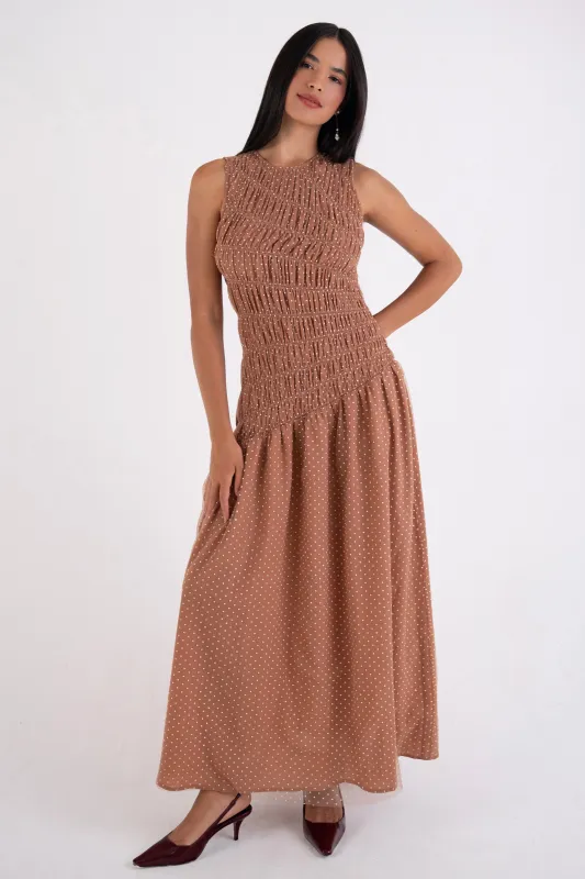 Julia Taupe Smocked Polka Dot Maxi Dress sold by AMYLYNN