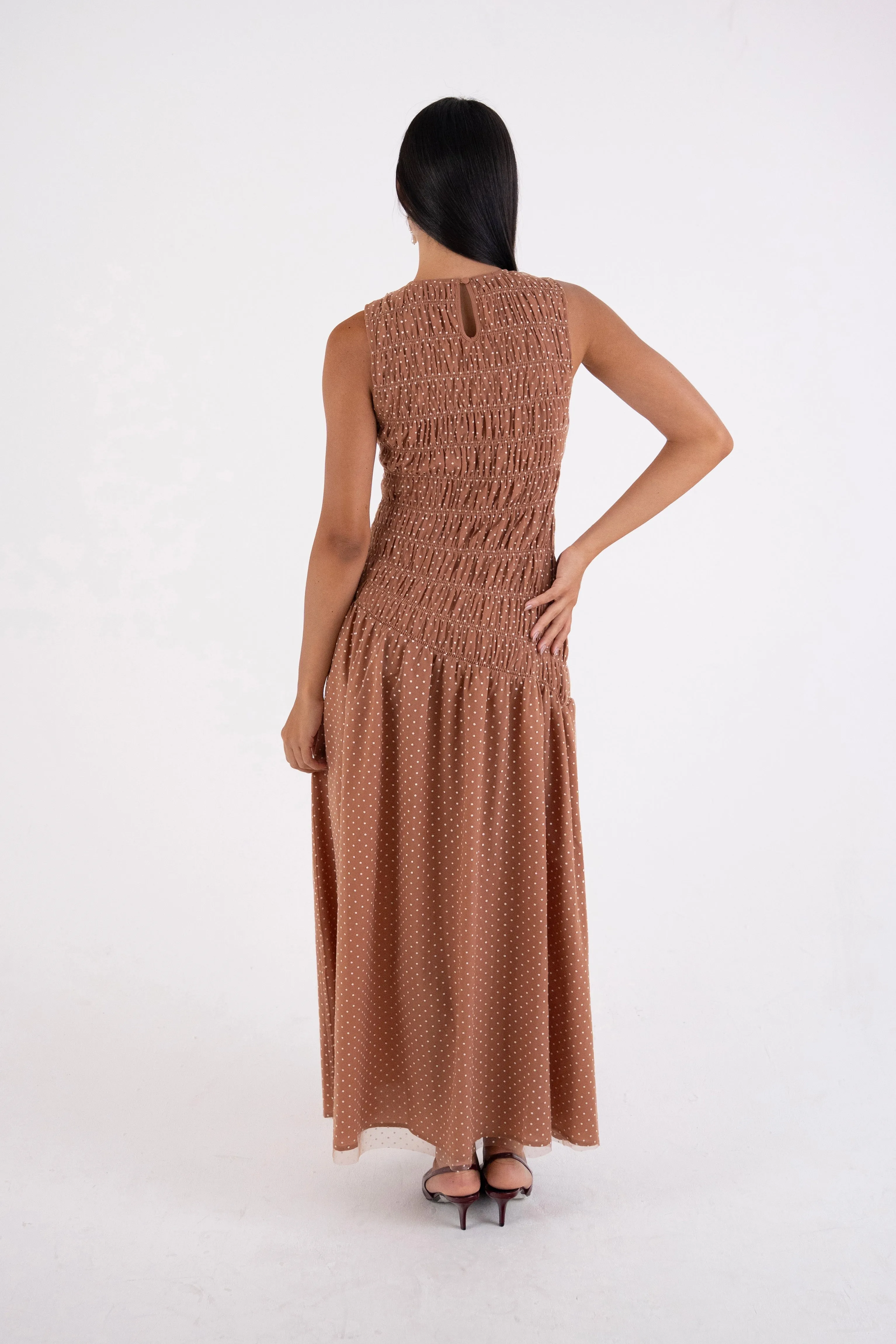 Julia Taupe Smocked Polka Dot Maxi Dress sold by AMYLYNN product image thumbnail 4