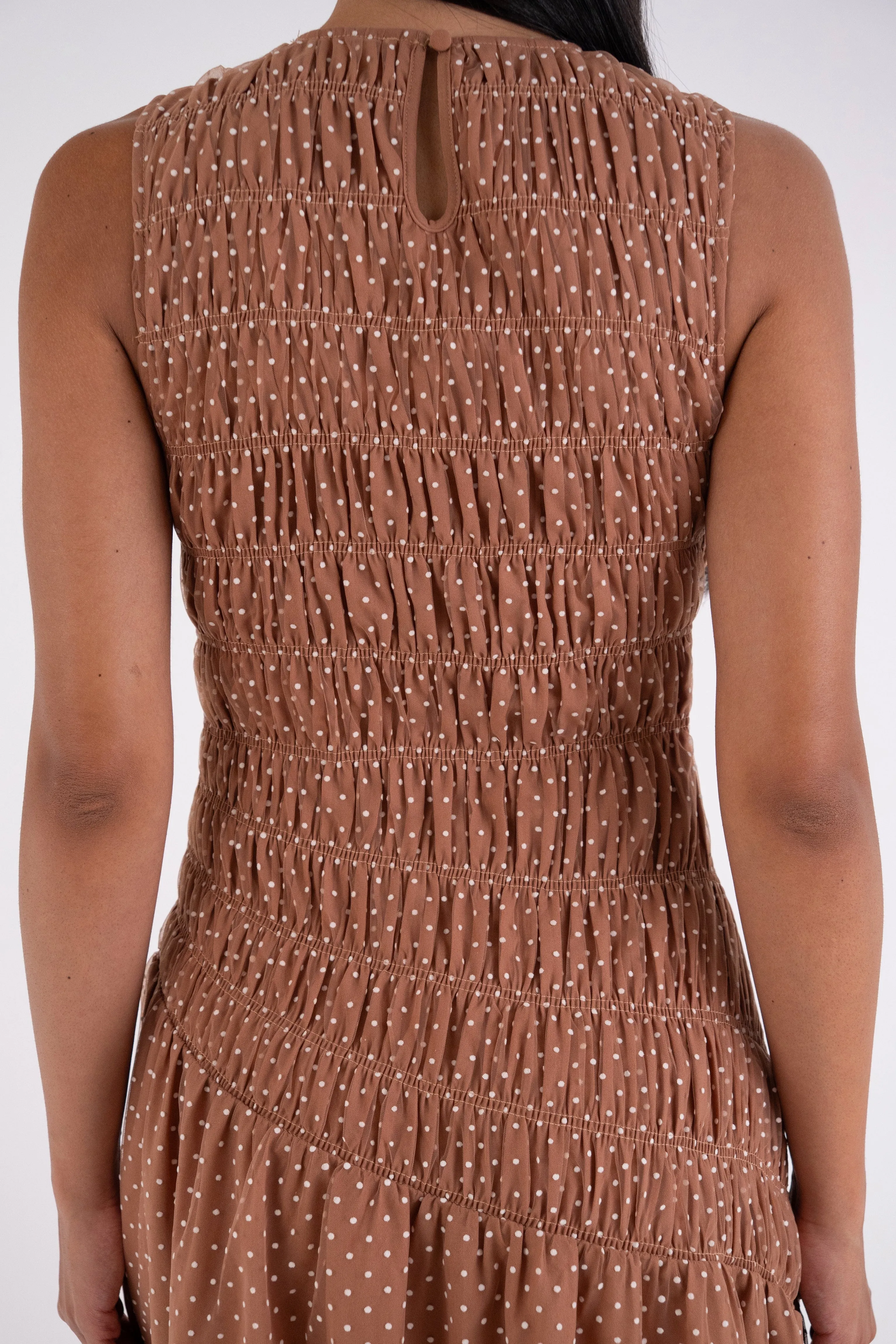 Julia Taupe Smocked Polka Dot Maxi Dress sold by AMYLYNN product image thumbnail 5