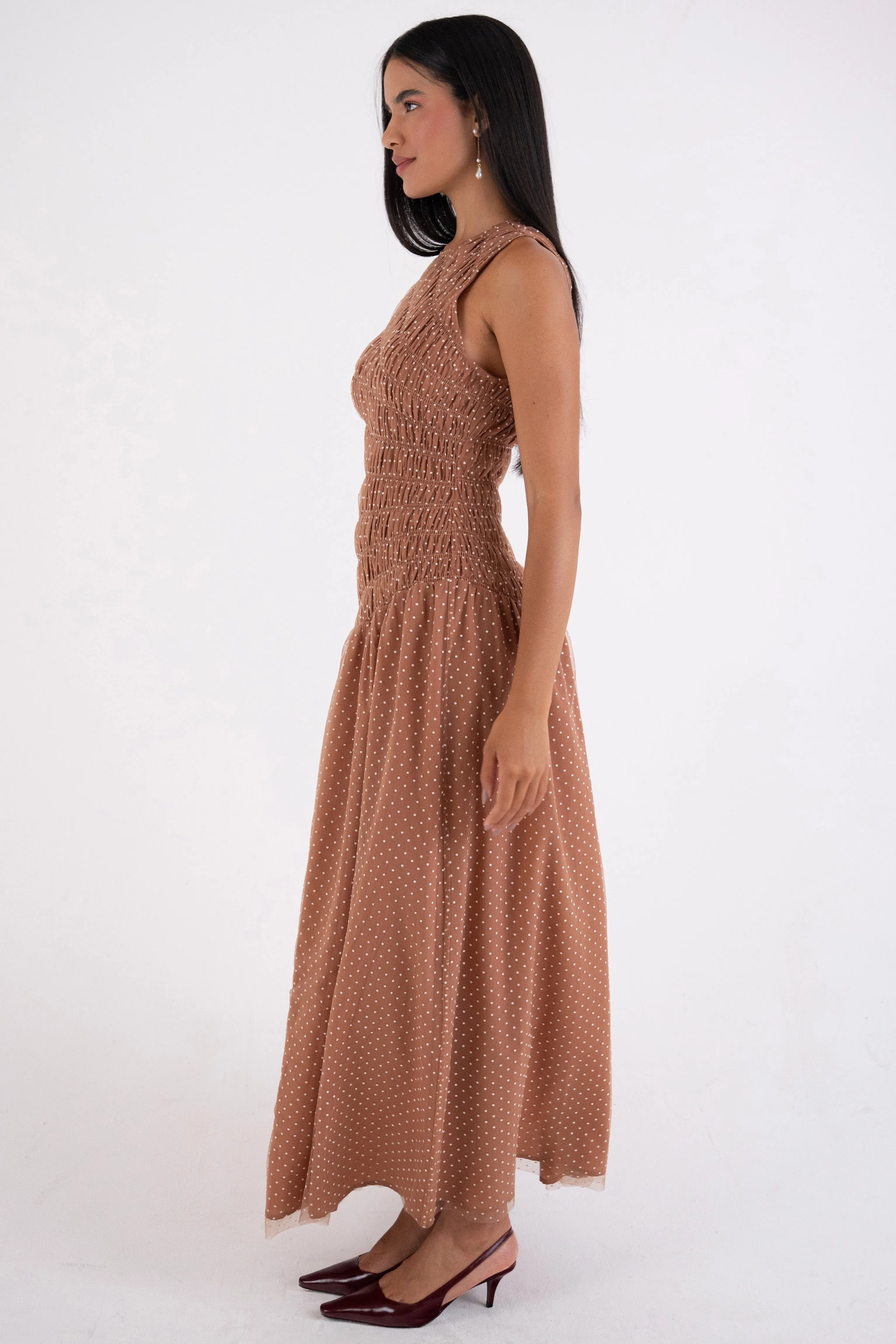 Julia Taupe Smocked Polka Dot Maxi Dress sold by AMYLYNN product image thumbnail 2