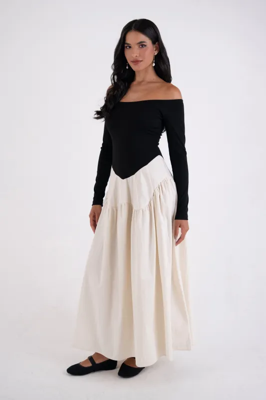 Nancy Monochrome Rich Cotton Off-Shoulder Maxi Dress sold by AMYLYNN