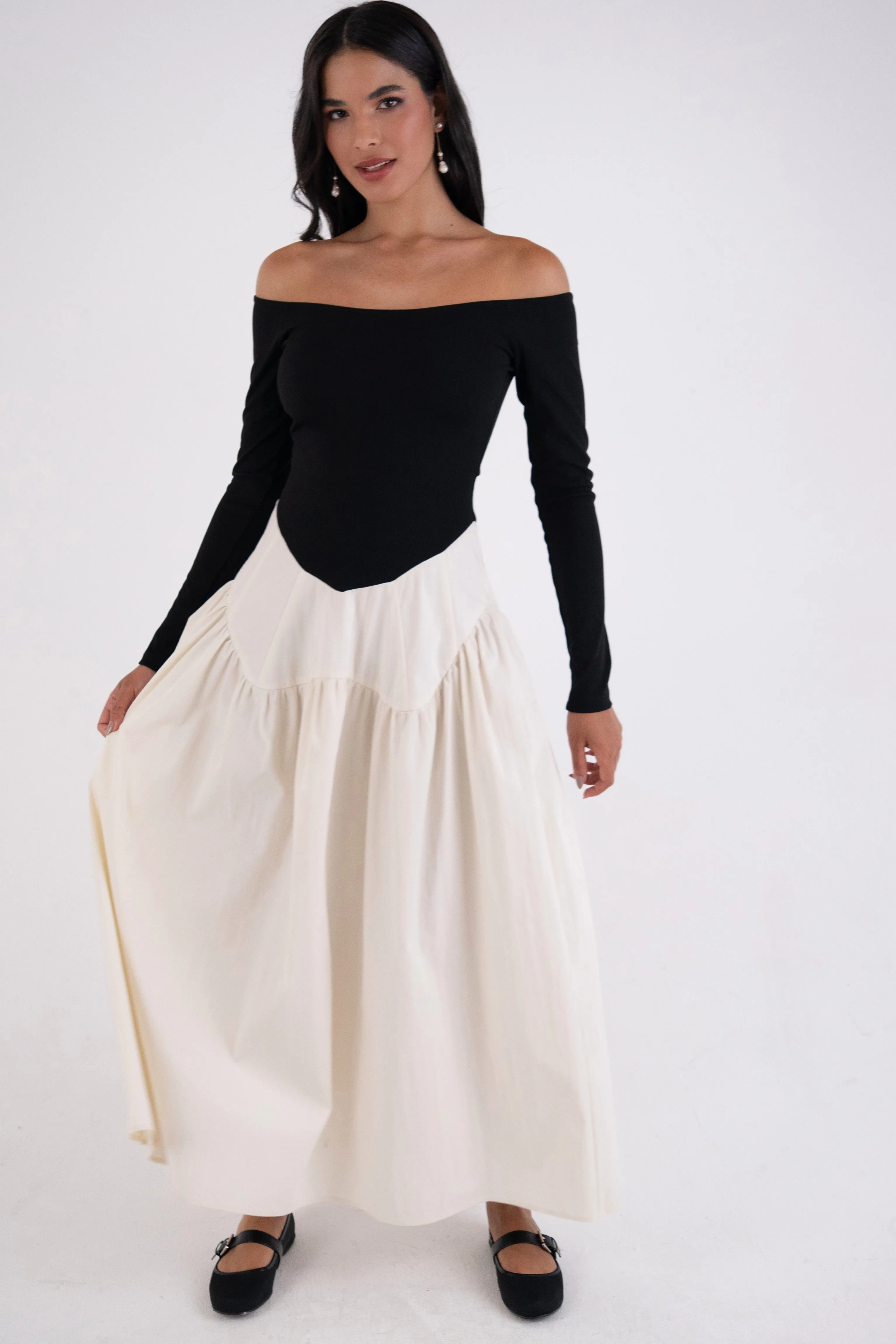 Nancy Monochrome Rich Cotton Off-Shoulder Maxi Dress sold by AMYLYNN product image thumbnail 4