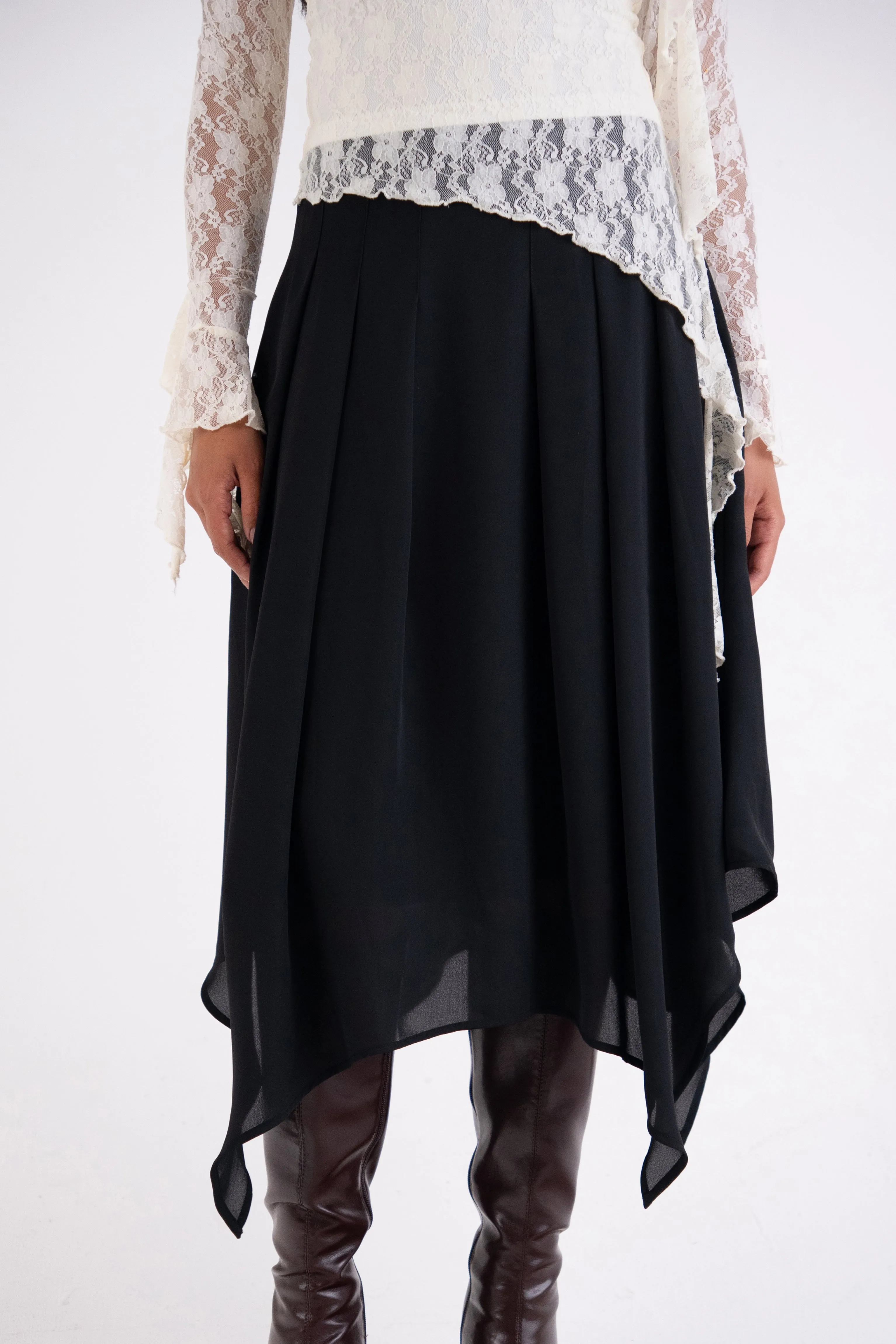 Tilda Black Asymmetric Chiffon Midi Skirt sold by AMYLYNN