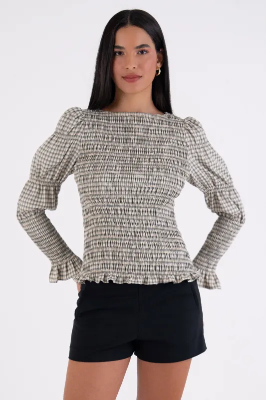 Iris Pure Cotton Mono Gingham Smocked Top sold by AMYLYNN