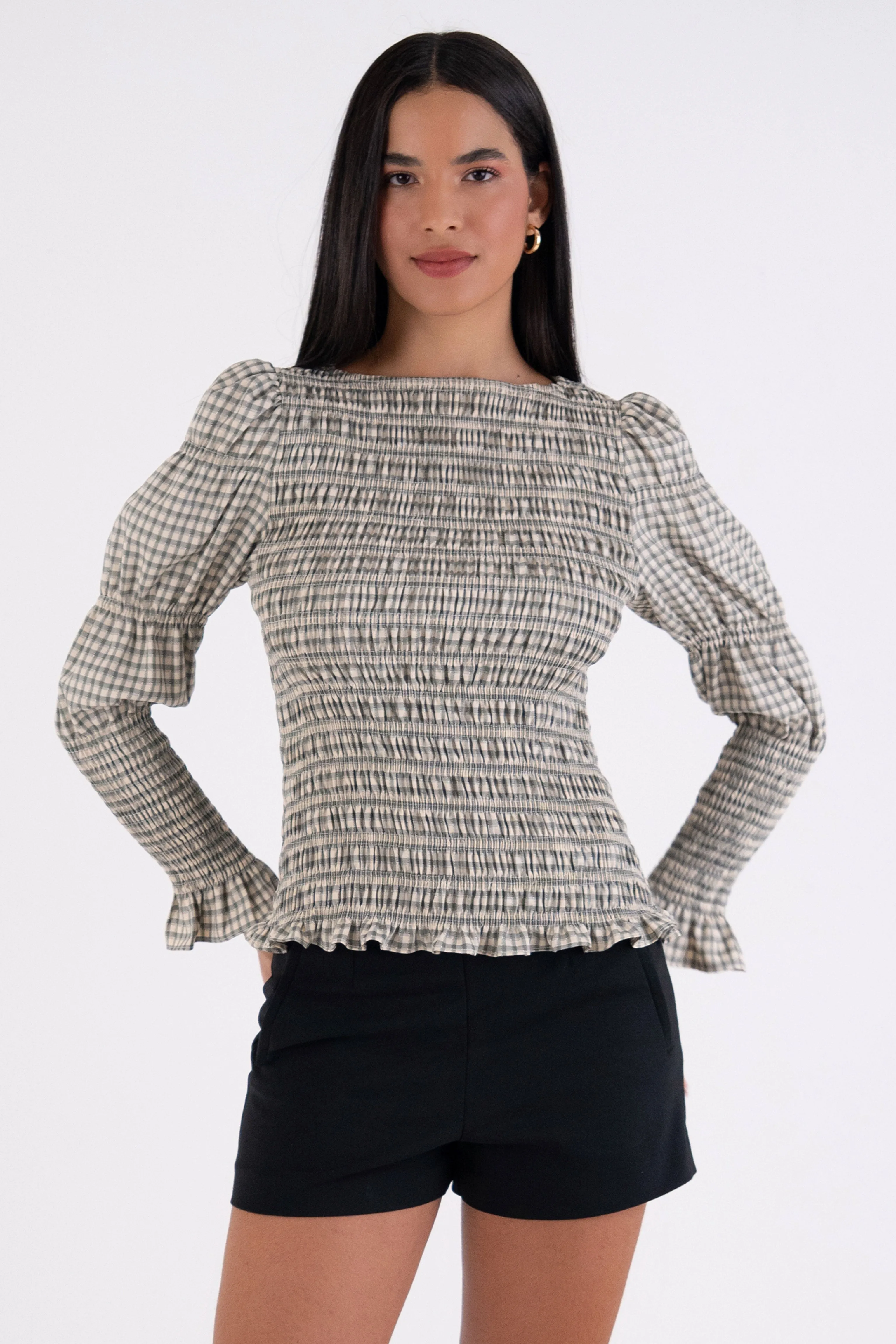 Iris Pure Cotton Mono Gingham Smocked Top sold by AMYLYNN