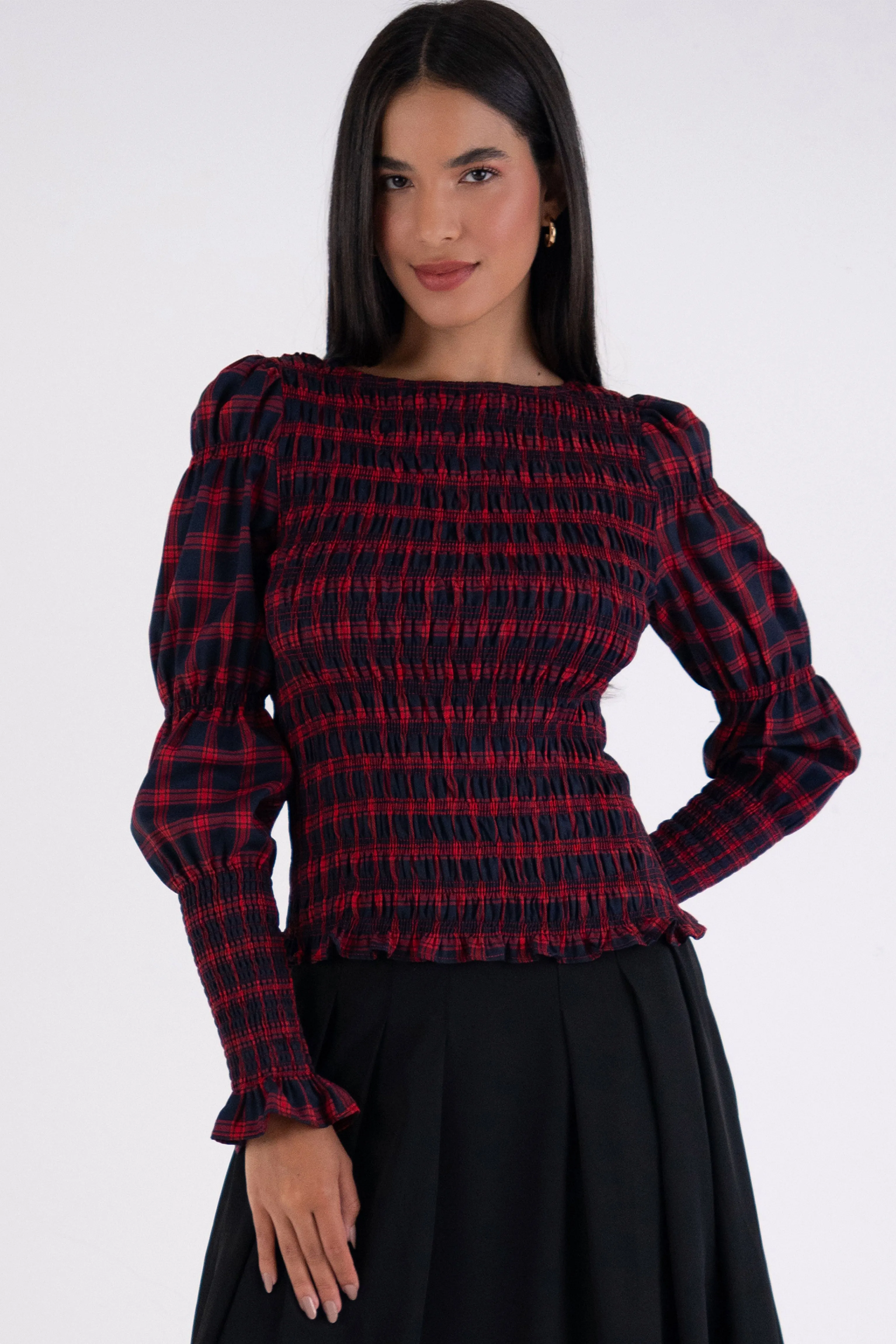 Iris Pure Cotton Red Plaid Smocked Top sold by AMYLYNN
