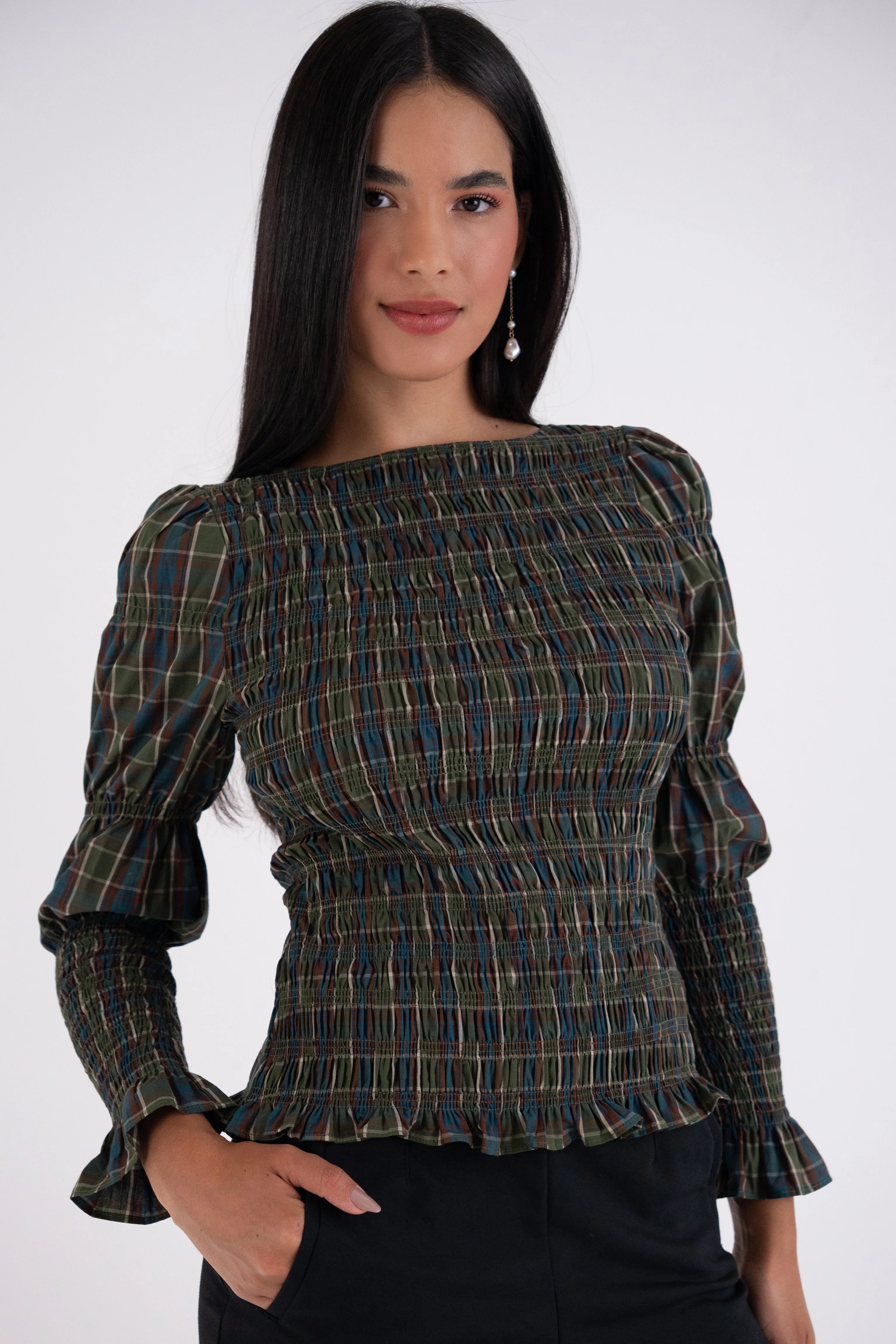Iris Pure Cotton Green Plaid Smocked Top sold by AMYLYNN