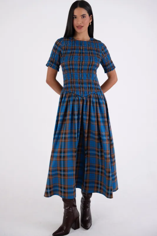 Beatrix Smocked Blue Plaid Midi Dress sold by AMYLYNN