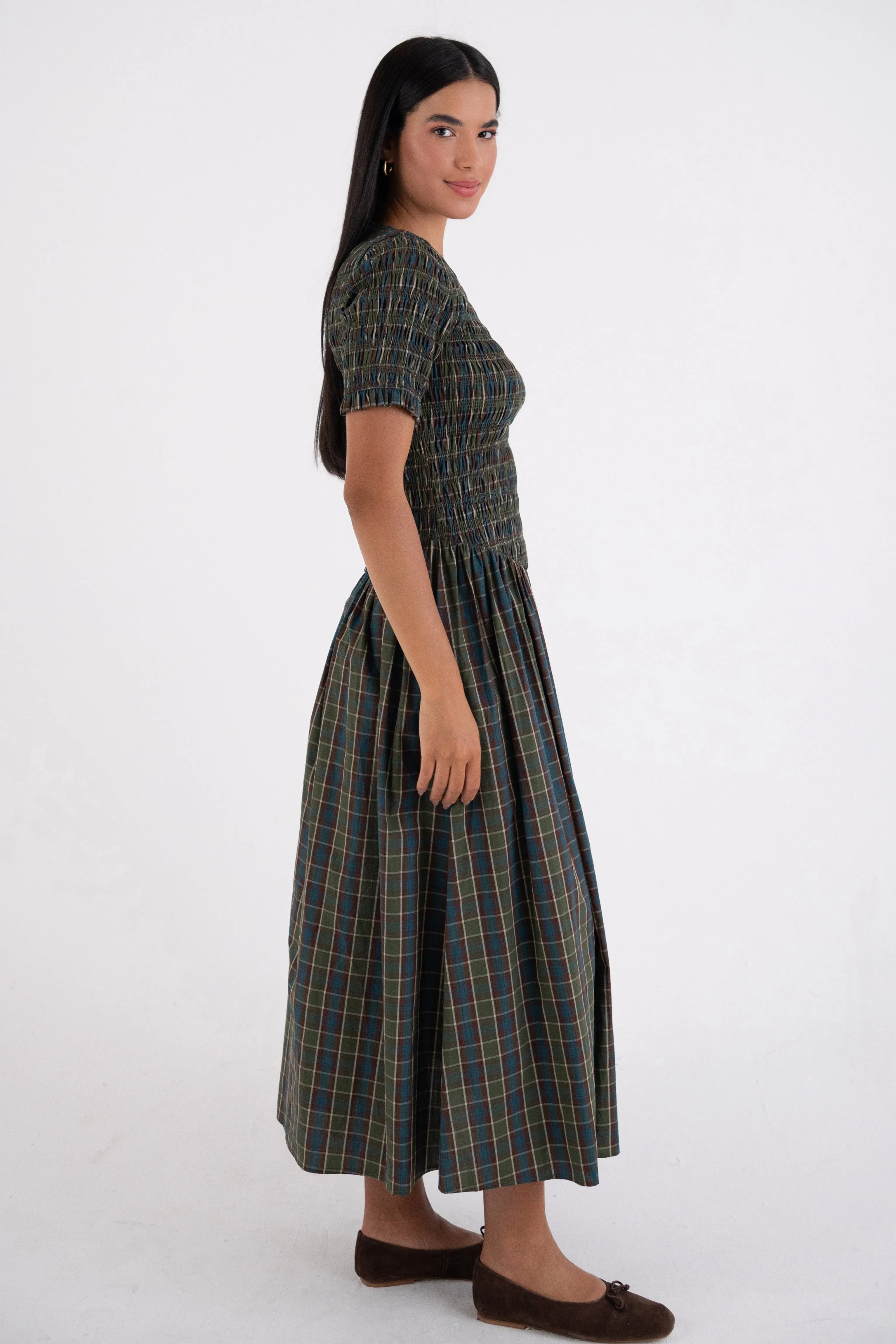 Beatrix Pure Cotton Smocked Green Plaid Midi Dress sold by AMYLYNN product image thumbnail 4