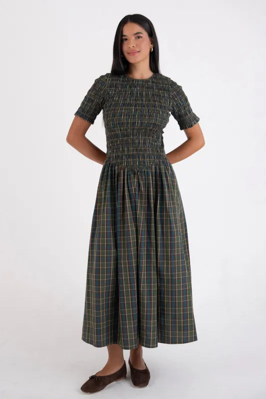 Beatrix Pure Cotton Smocked Green Plaid Midi Dress sold by AMYLYNN
