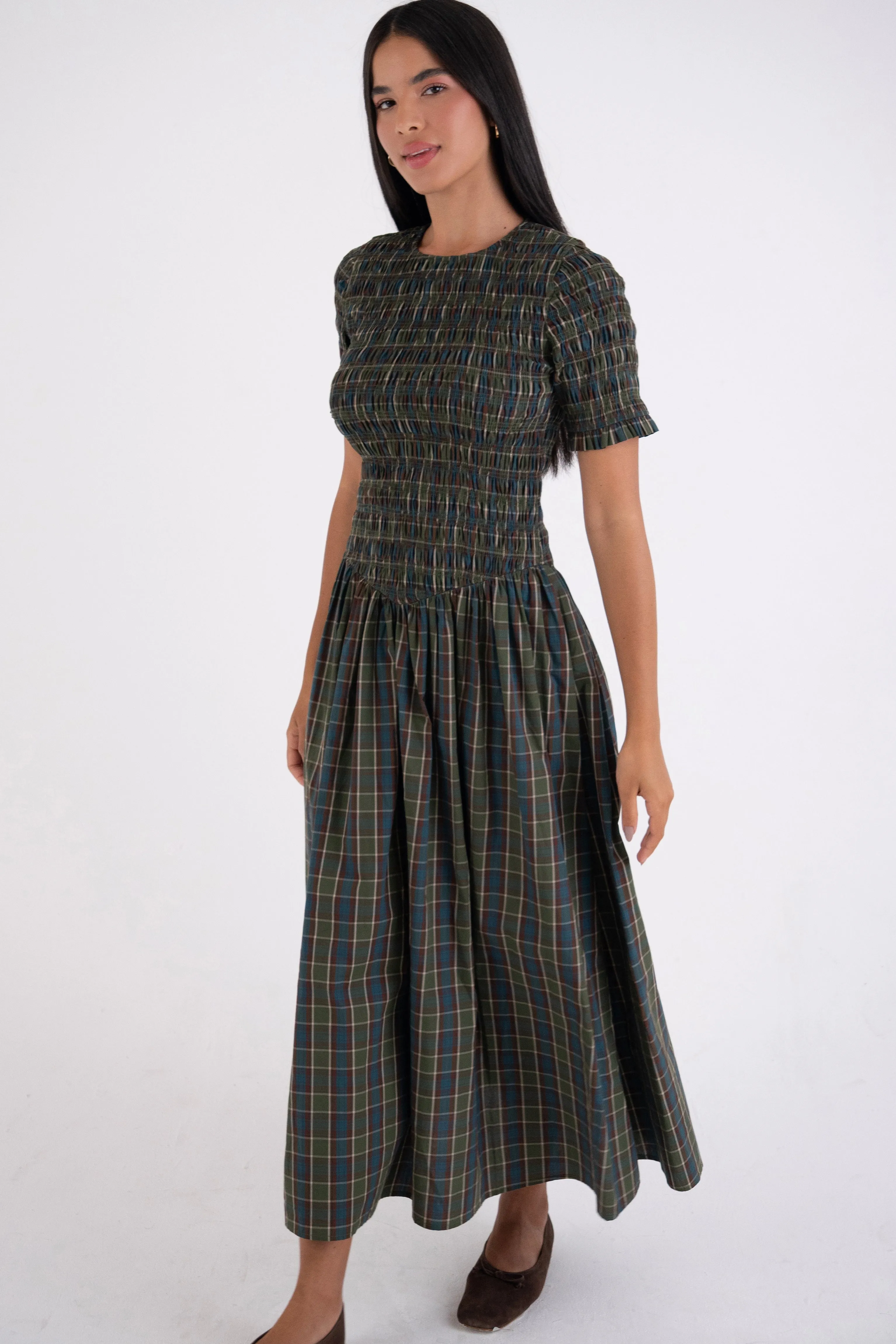 Beatrix Pure Cotton Smocked Green Plaid Midi Dress sold by AMYLYNN product image thumbnail 3