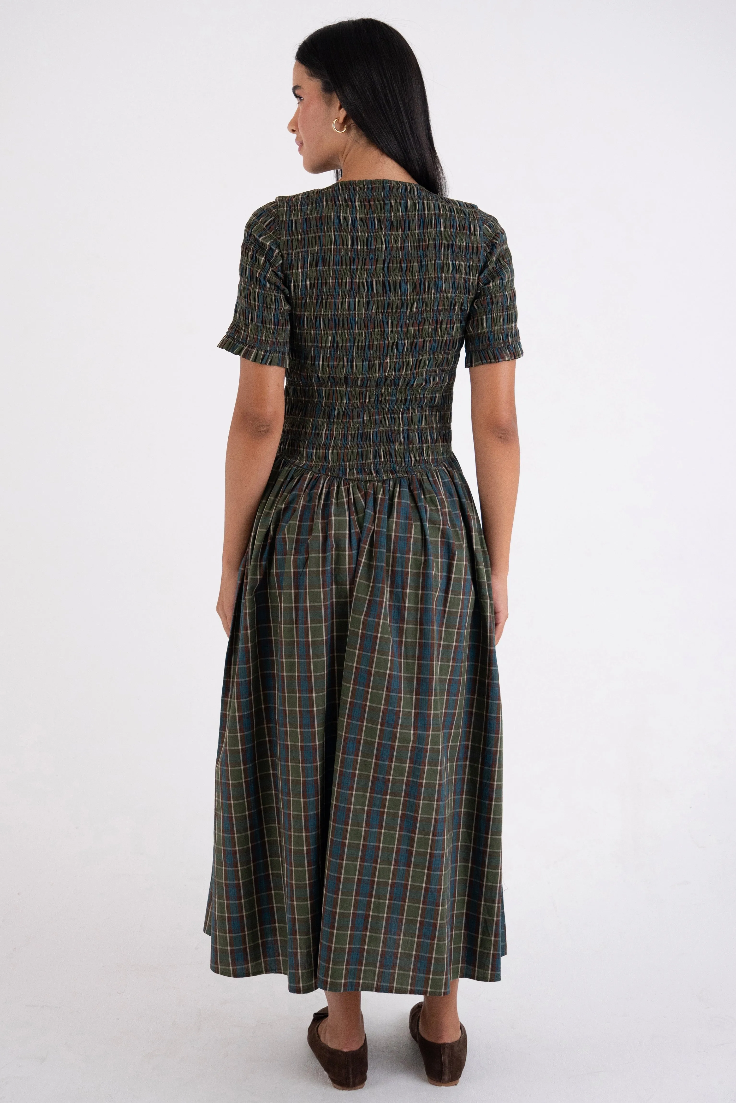 Beatrix Pure Cotton Smocked Green Plaid Midi Dress sold by AMYLYNN product image thumbnail 5