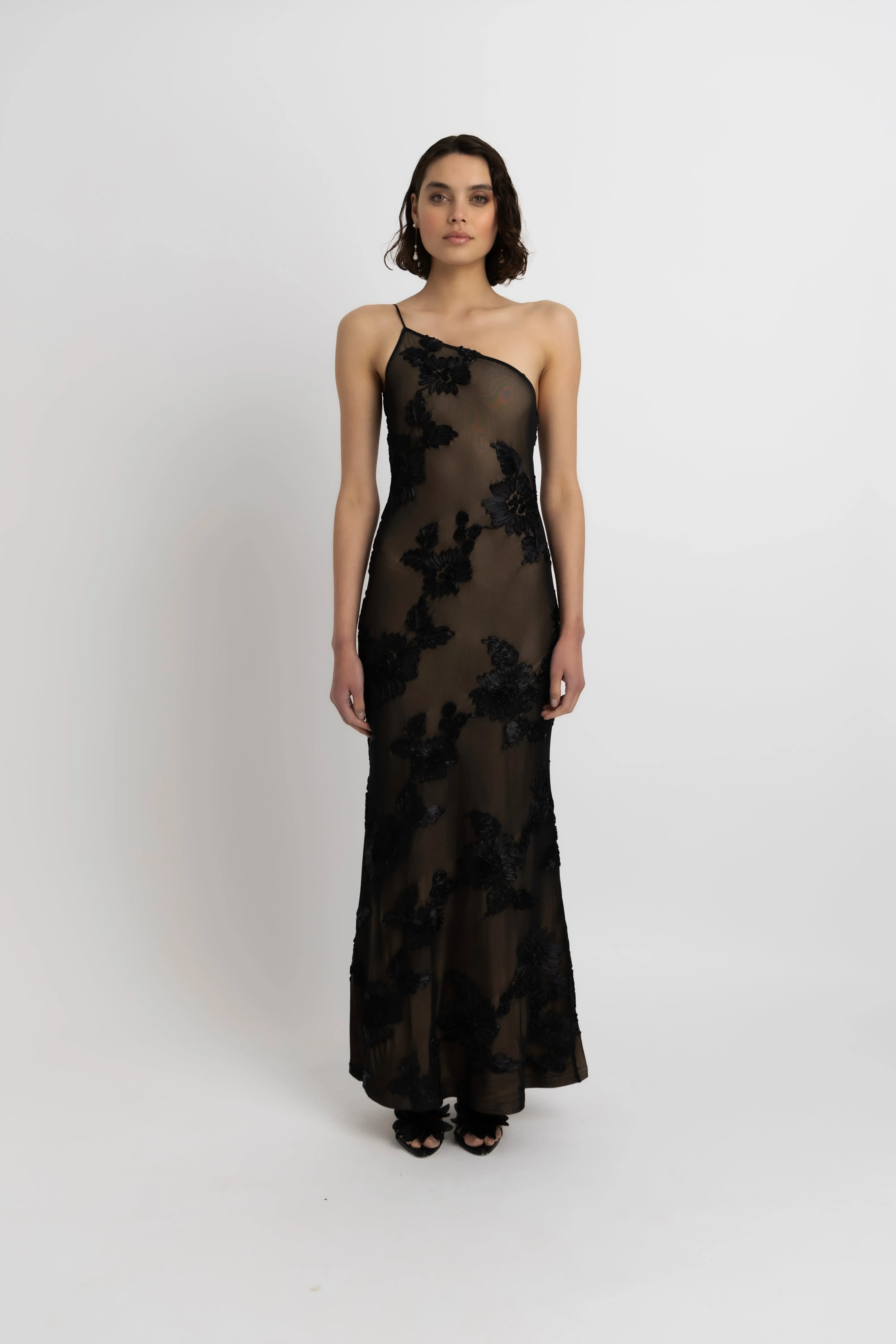Divya Black 3D Floral Motif Maxi Dress sold by AMYLYNN