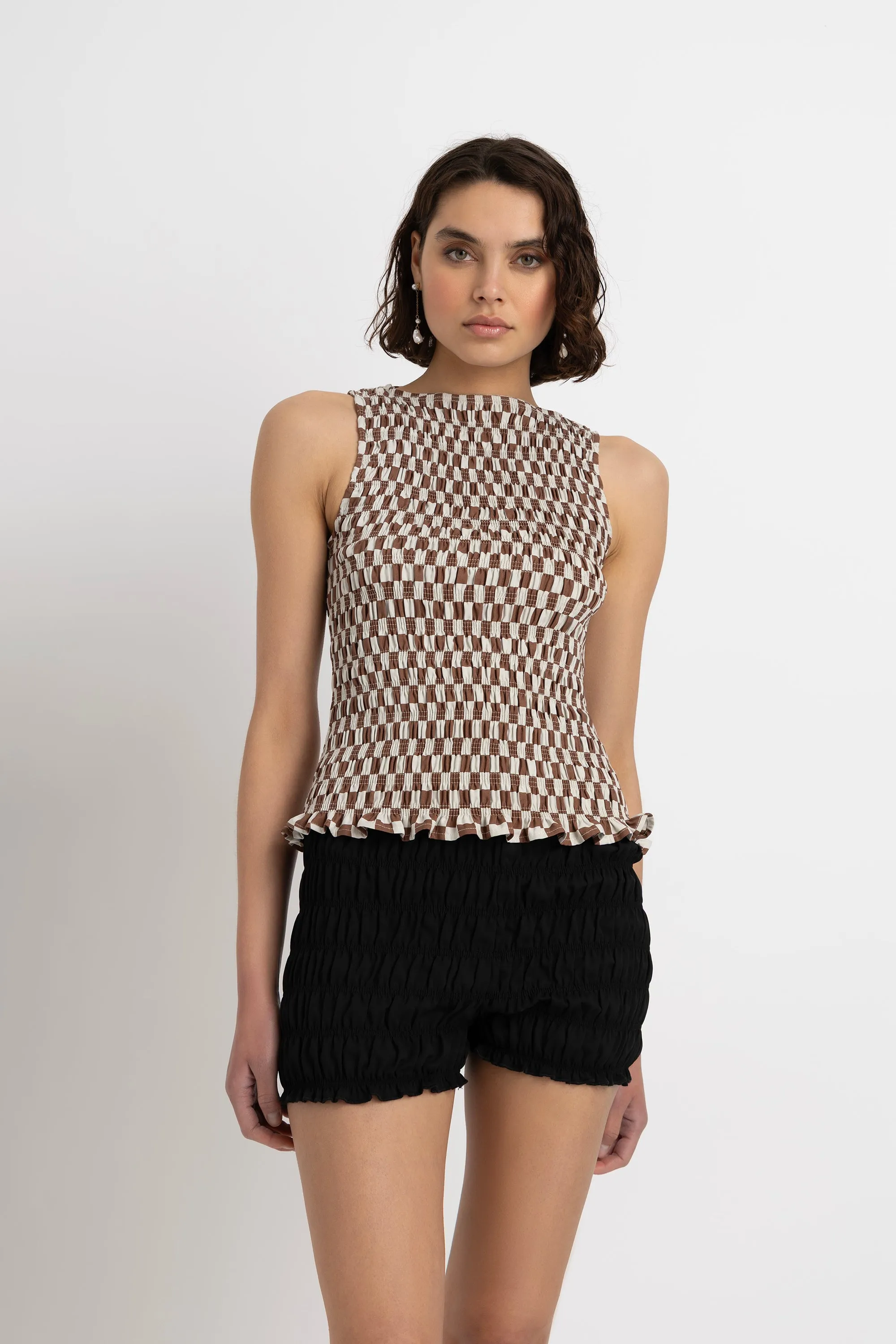 Sonya Pure Cotton Brown Checkerboard Top sold by AMYLYNN