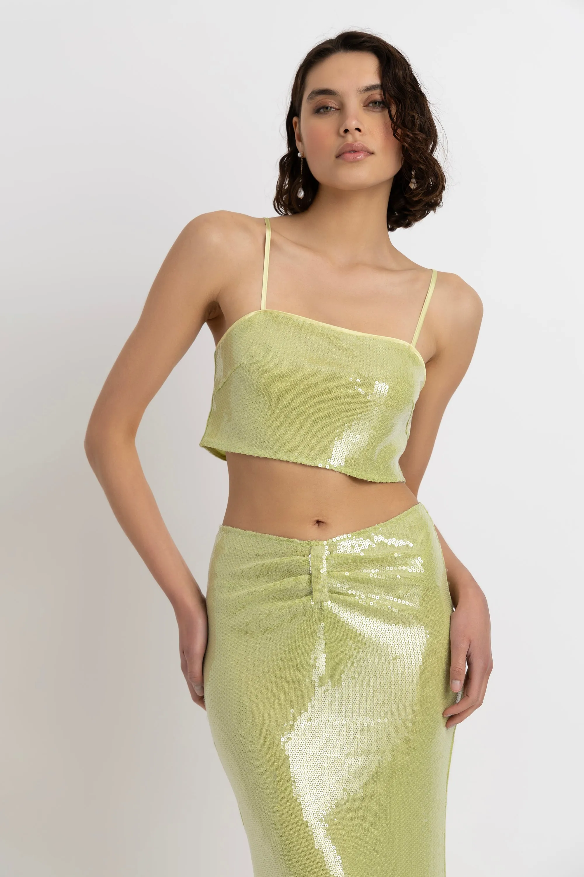 Ambra Lime Green Sequin Crop Top sold by AMYLYNN