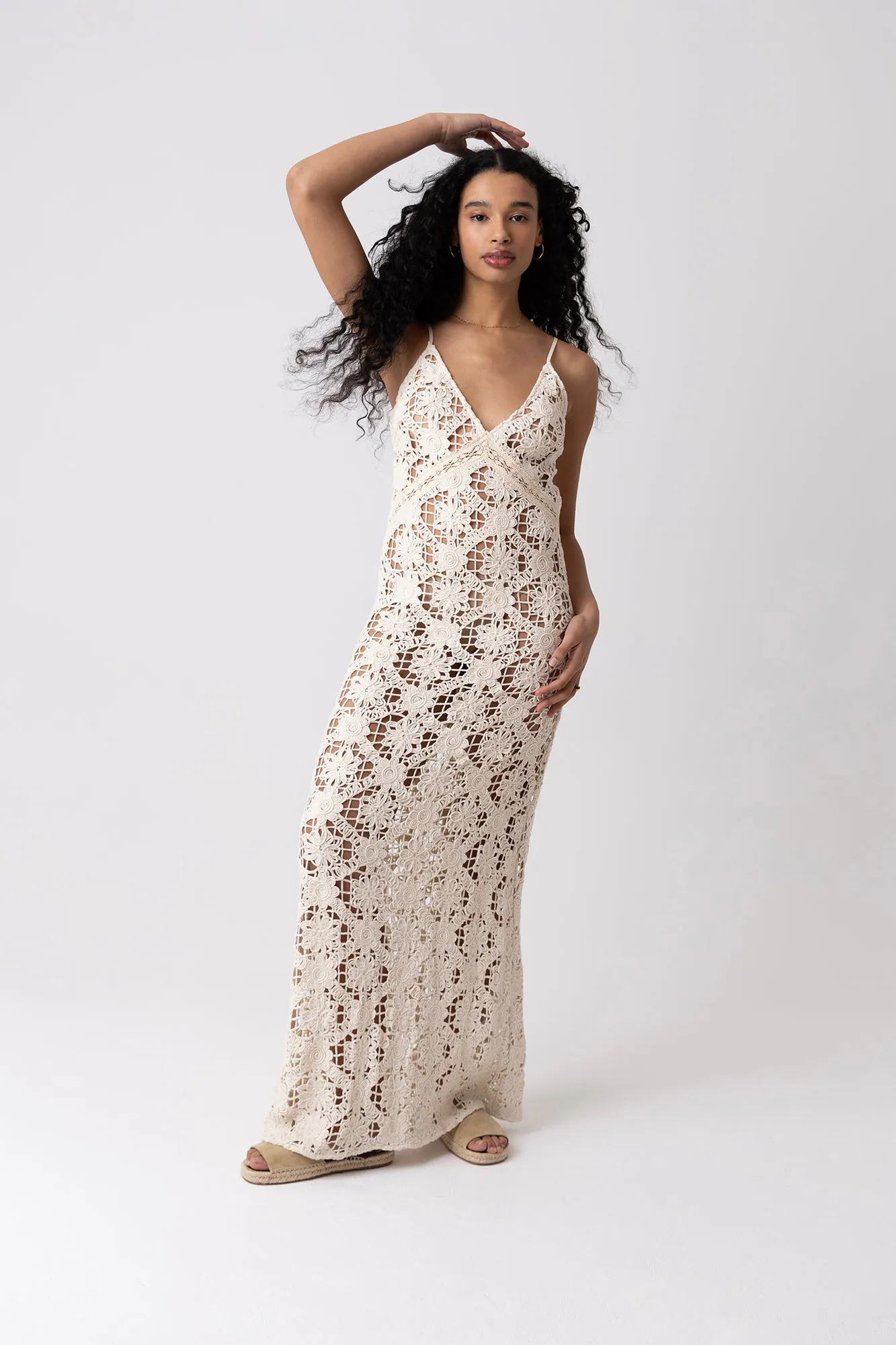 Sylvia Pure Cotton Beige Crochet Maxi Dress sold by AMYLYNN