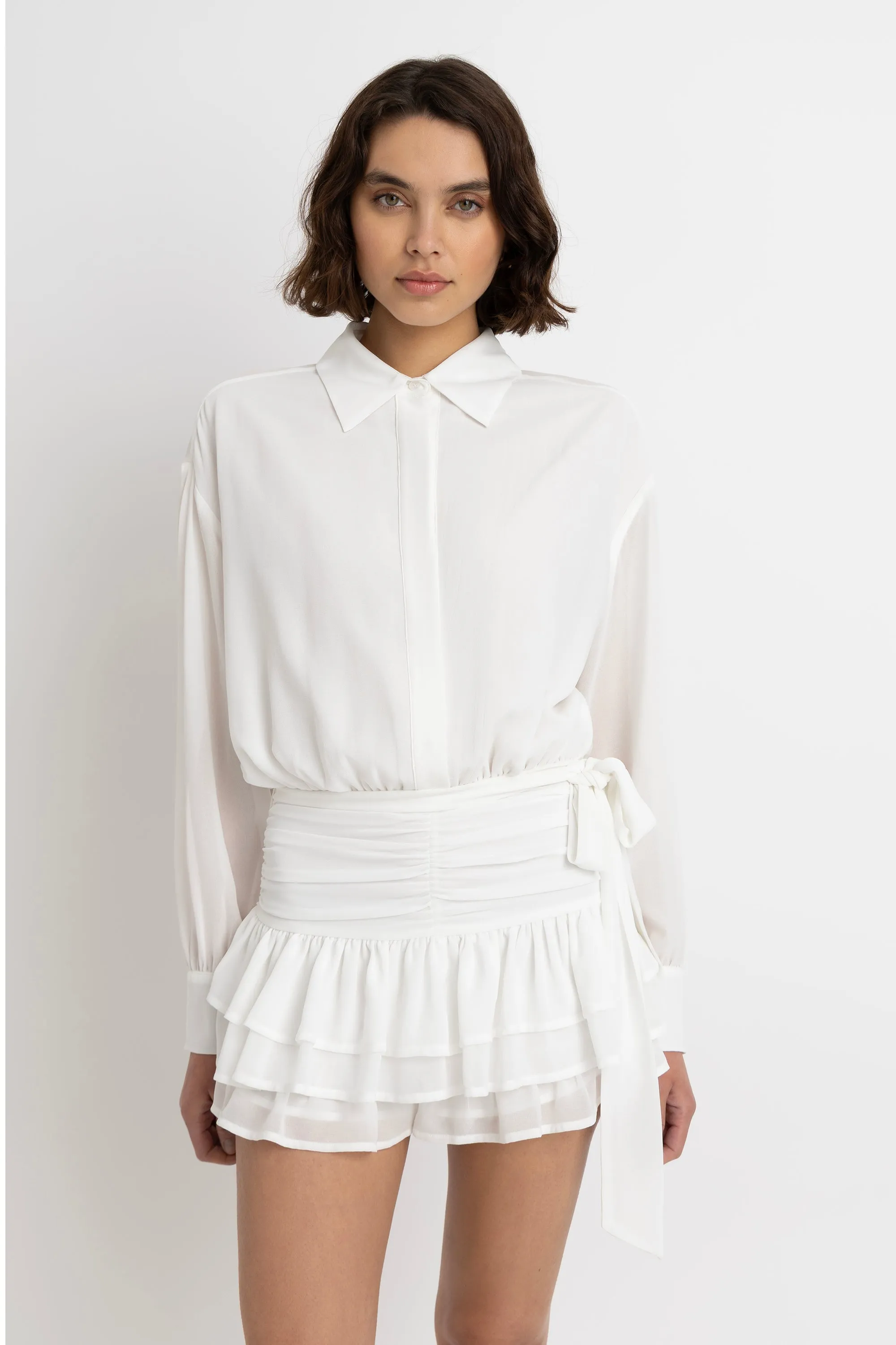 Carlotta Sheer White Shirt Playsuit Dress sold by AMYLYNN