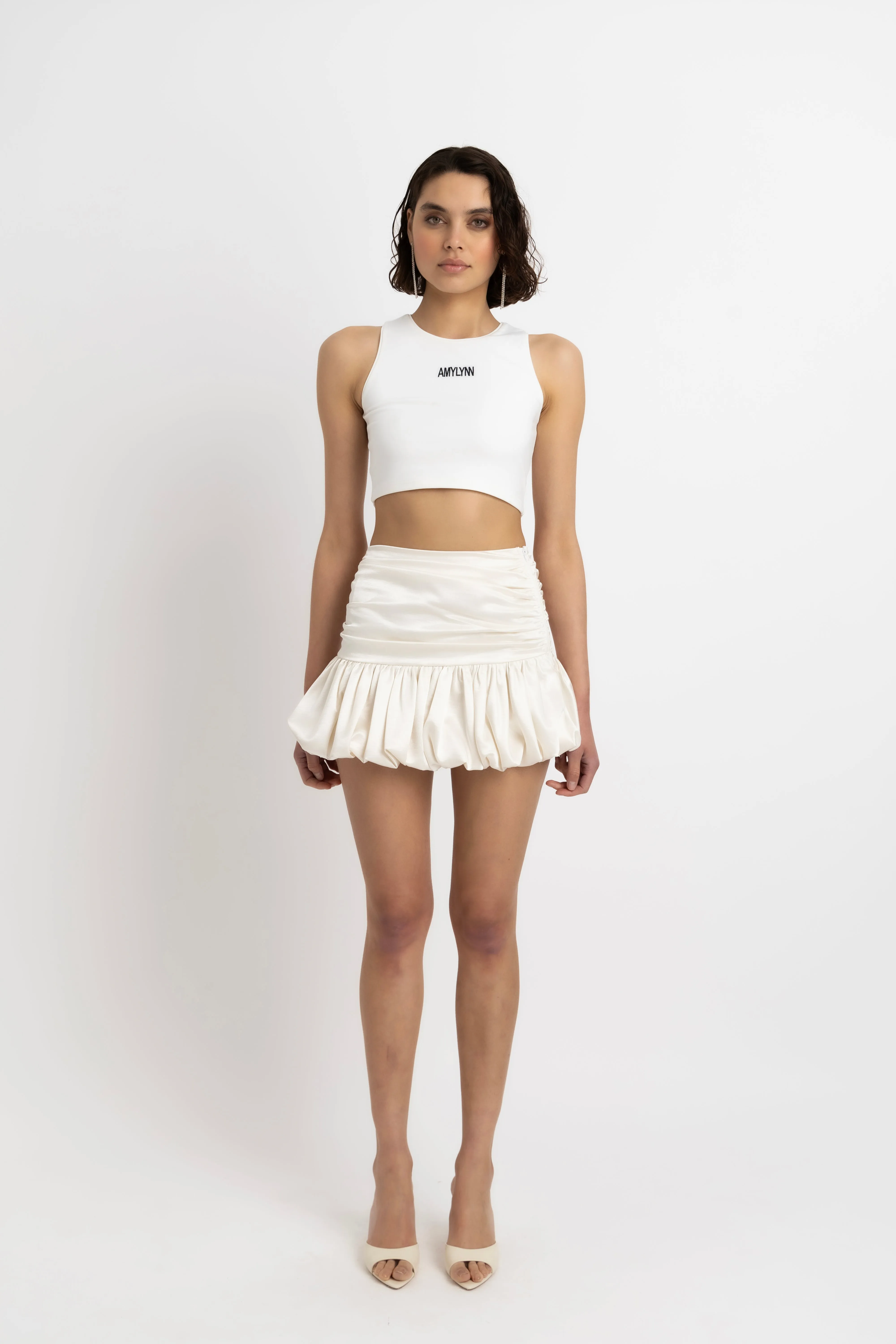 Bella Cream Satin Puffball Mini Skirt sold by AMYLYNN product image thumbnail 3