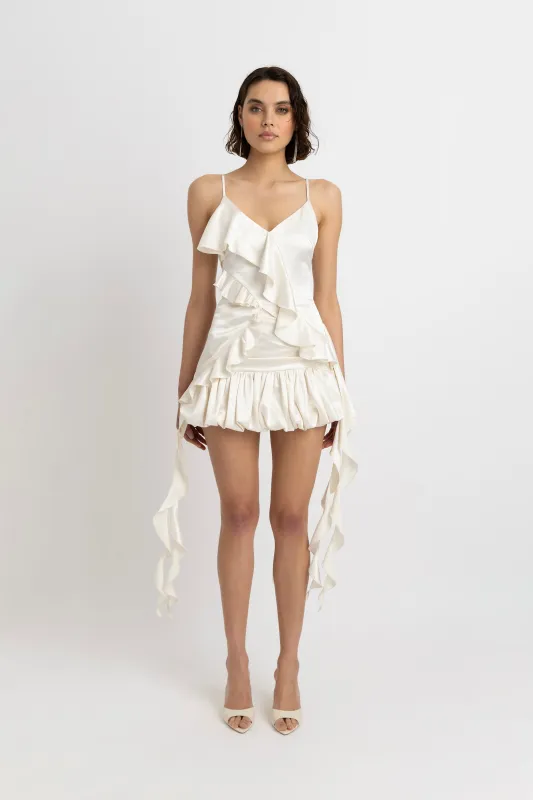 Ciao Cream Satin Draped Ruffles Top made by AMYLYNN