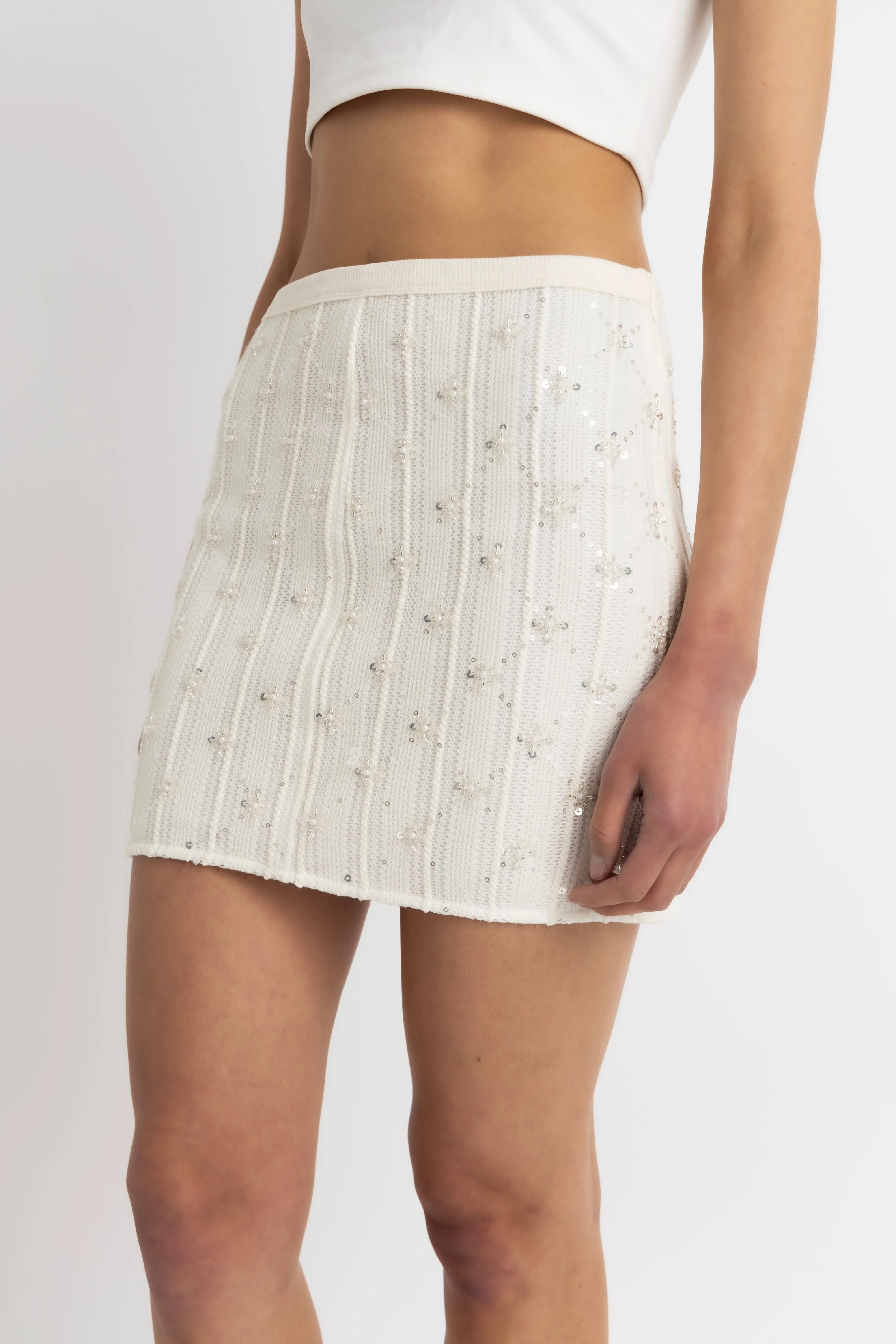 Lucia Cream Crochet Embellished Mini Skirt sold by AMYLYNN